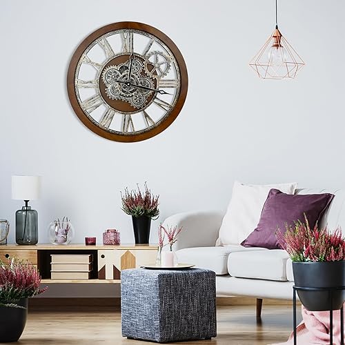 Miniatura 7 de HOIBAI Relojes para decoración de sala de estar, reloj de pared grande de 24 pulgadas (23.6 in), reloj de pared con engranaje móvil, reloj de pared