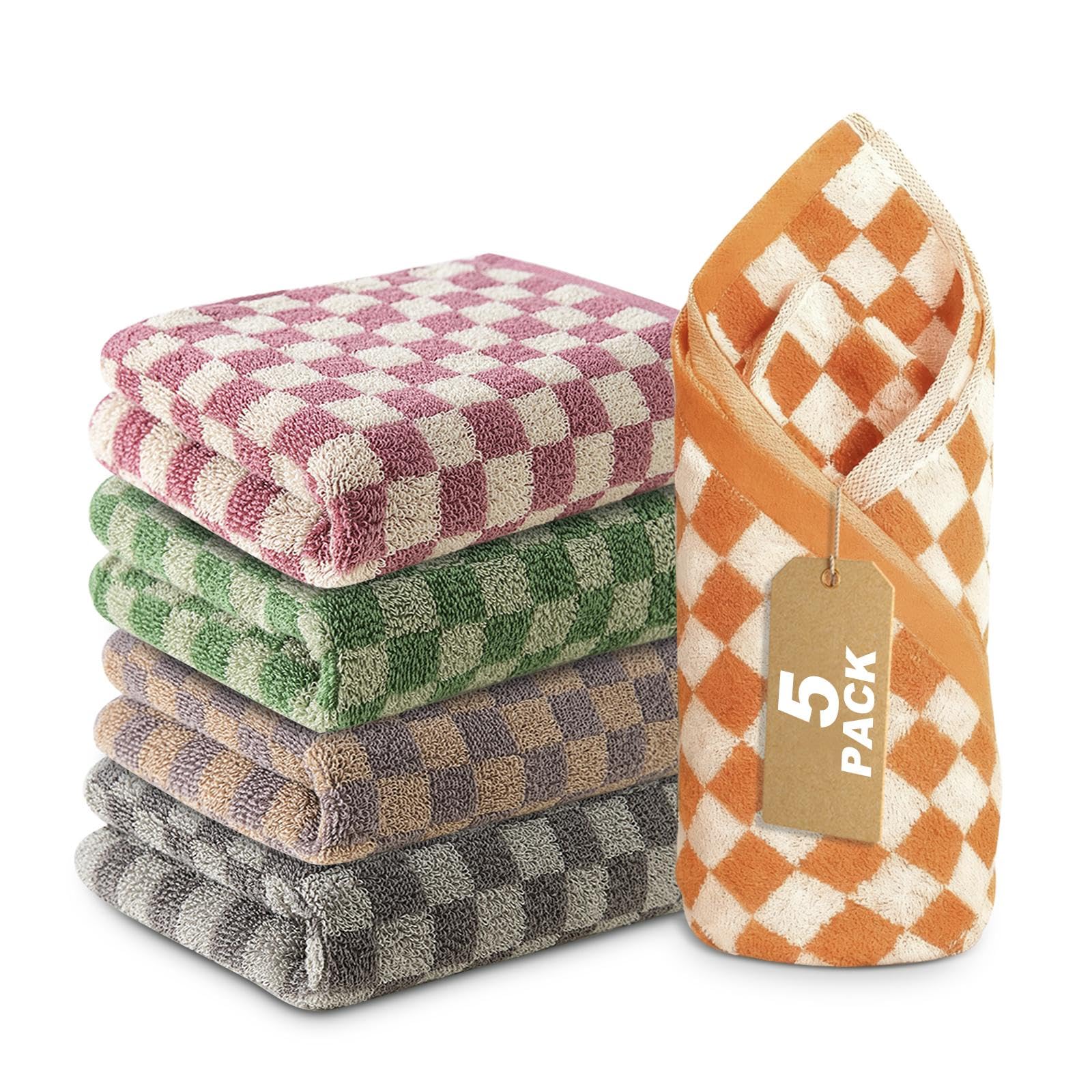 5-Pack Checkered Towels Cotton 13 x 29 Inches -Quick-Dry Lightweight Highly Absorbent Ideal for Bathroom Sports Yoga Kitchen