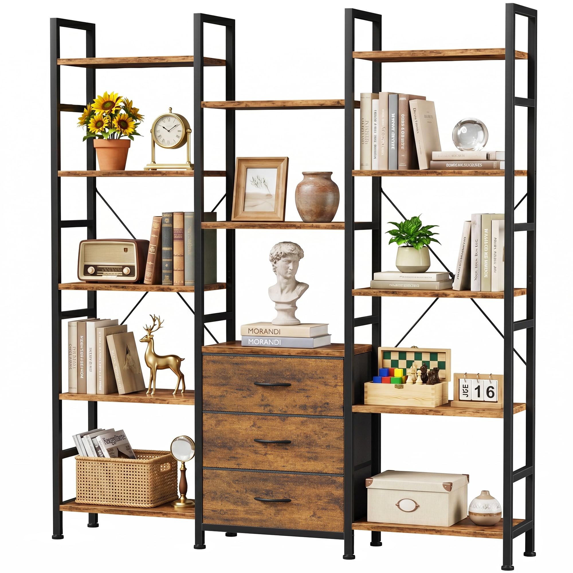 OYRREU Bücherregal mit 4 Stoffschubladen, Standregal Bücher Regal Küchenregal für Wohnzimmer Büro Balkon Bookshelf Würfelregal Kitchen Storage Shelf Lagerregale Bookcase