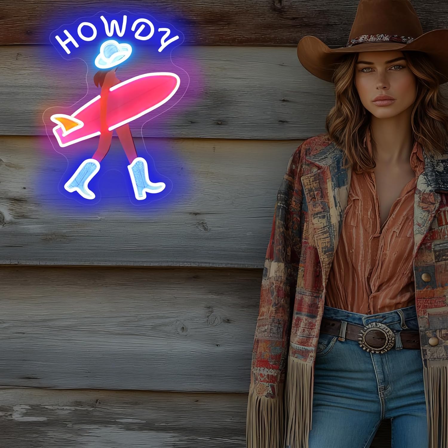 Howdy and Aloha Cowgirl Surf Girl Neon Sign, Howdy Cowgirl wall decor LED Light, Girly Wall Art Neon Sign, Coastal Cowgirl Brown Haired, 11.9"x16.5"
