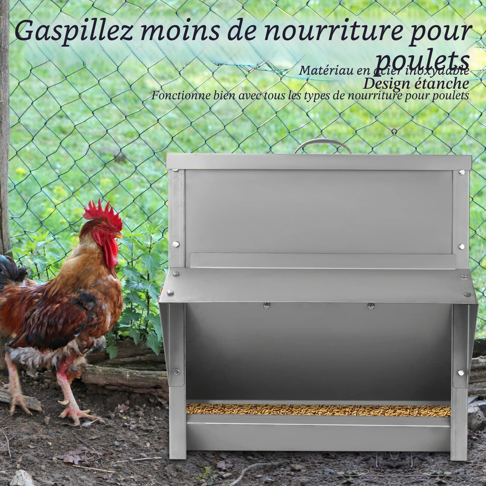Mangeoire à Poule Automatique 25KG en Acier, Distributeur Graines Poules | Agrainoir Automatique, Anti Pluie, Anti Gaspillage, Accessoire Poulailler