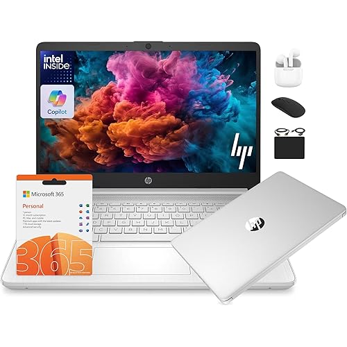 HP 14 Laptop Student Business 2025 Flagship Computer, AI Copilot, 4-Core 13th Gen Intel CPU, 16GB RAM 628GB Storage (128GB UFS+500GB Ext), 1-Yr Office 365, Long Battery HubxcelAccessory Win 11S Silver