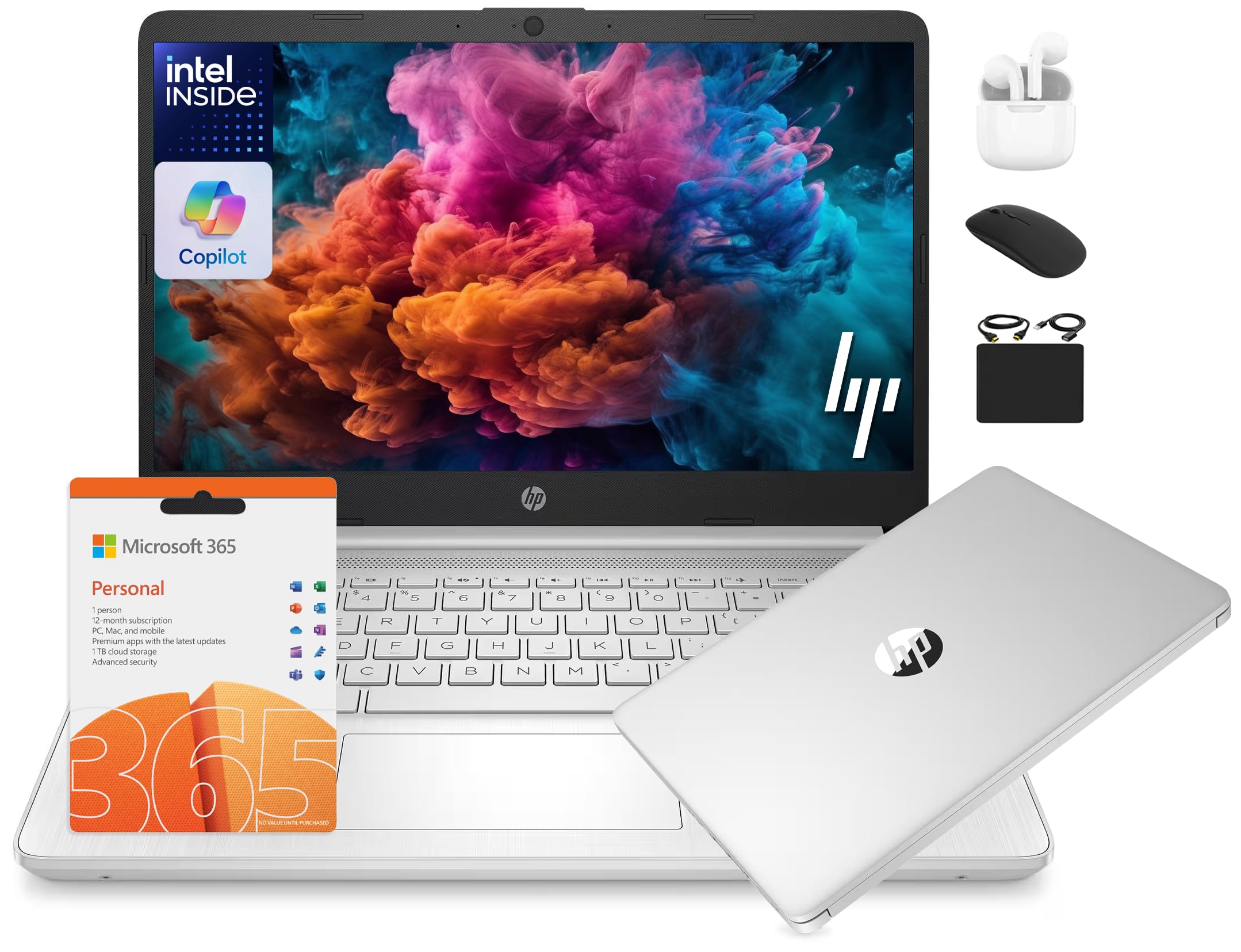 HP14 Laptop Student Business 2025 Flagship Computer, AI Copilot, 4-Core 13th Gen Intel CPU, 16GB RAM 628GB Storage (128GB UFS+500GB Ext), 1-Yr Office 365, Long Battery HubxcelAccessory Win 11S Silver