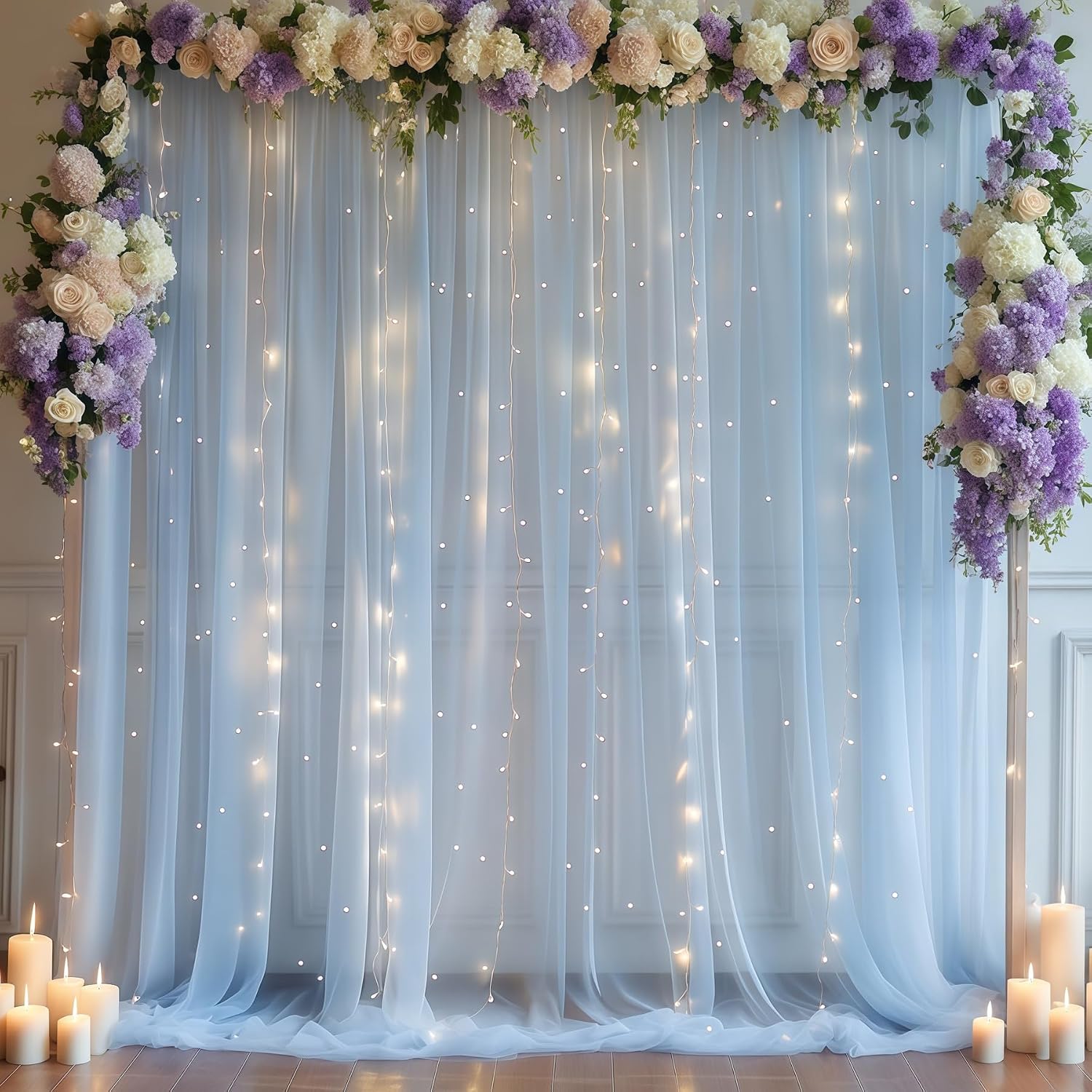 10×10ft Blue Tulle Backdrop Curtain with Lights String for Parties, Sheer Photo Curtain Backdrop Drapes for Wedding Party Photography Backgrounds 10ftx10ft Blue