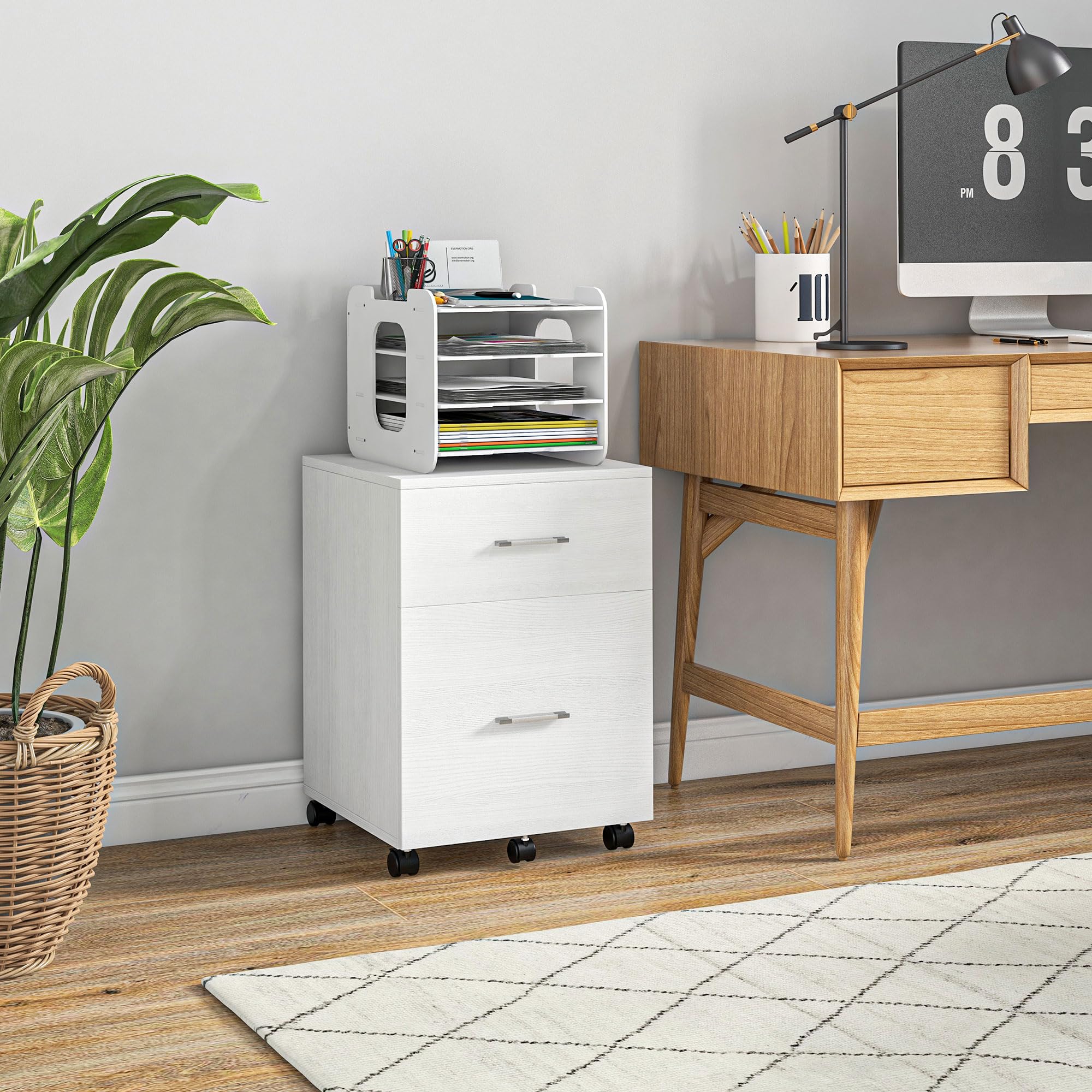 Vinsetto Archivio verticale con ruote, archivio mobile, Bianco | 2 cassetti, piccolo armadio da ufficio, per file Letter o A4, studio home office