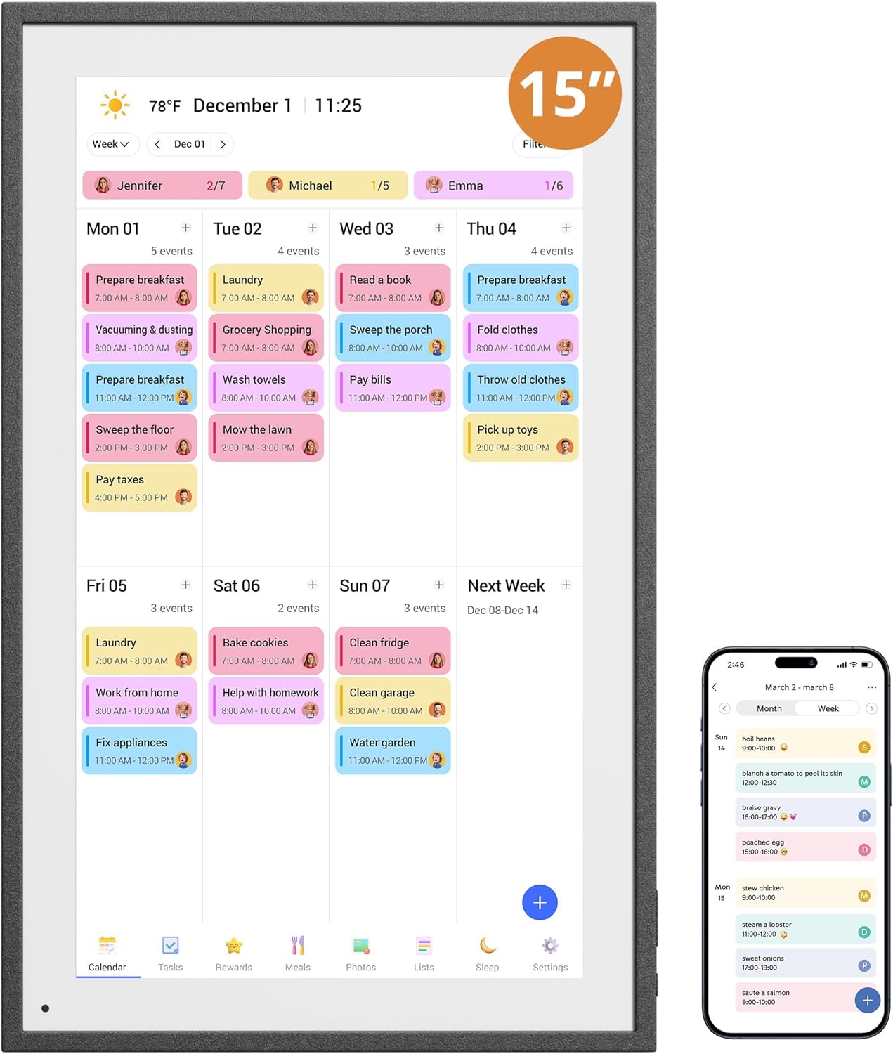 Digital Calender 15.6 Inch Smart Wall Calender, Touchscreen Electronic Calender Planner for 2025 Family Chore Chart Rewards and Schedules, Interactive Display, APP Access, Wall Mount or Stand