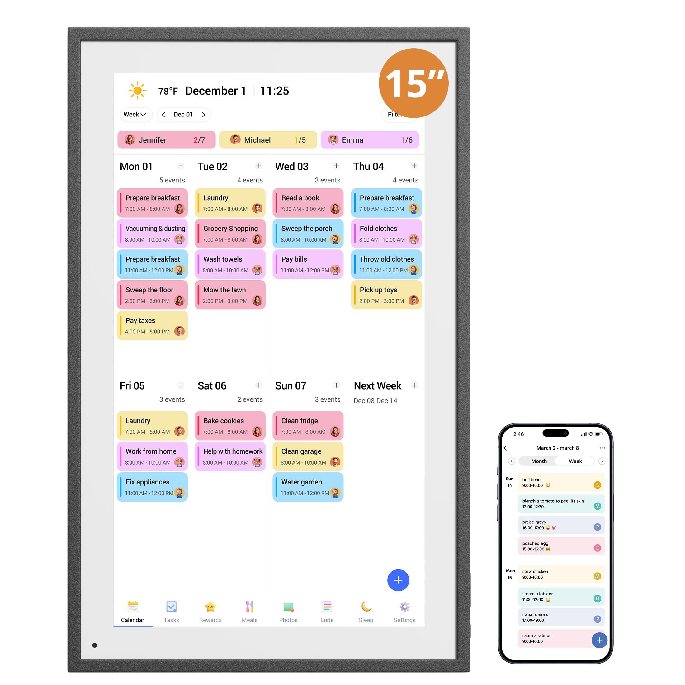 Calendrier mural numérique intelligent de 39,6 cm, calendrier électronique à écran tactile pour récompenses et horaires familiaux 2025, affichage interactif, accès aux applications, support mural ou