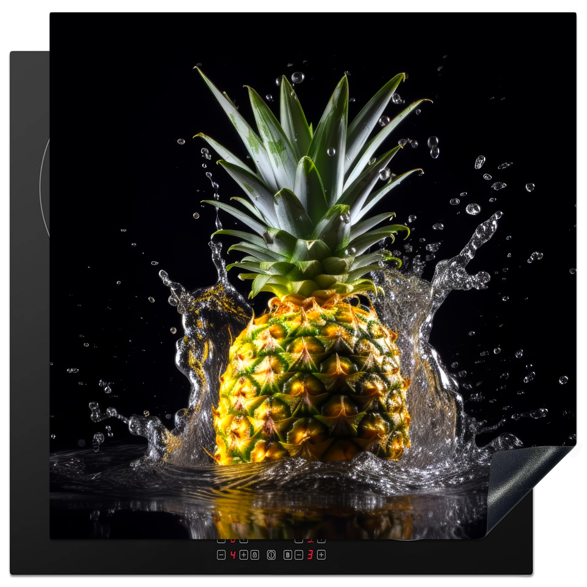 KitchenYeah© Induction Hob Protector Mat 30.7"x30.7" / 78x78 cm Stove Cap Top Cover Kitchen Cooker Covers for Electric Hobs Vinyl Pineapple - Fruit - Water - Vegetable - Black