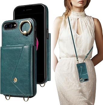 Crossbody Wallet Case for iPhone 8 Plus/iPhone 7 Plus with Card Holder, Leather Case with Long Shoulder Strap, Purse Shockproof Flip Cover for iPhone 8 Plus/iPhone 7 Plus Green