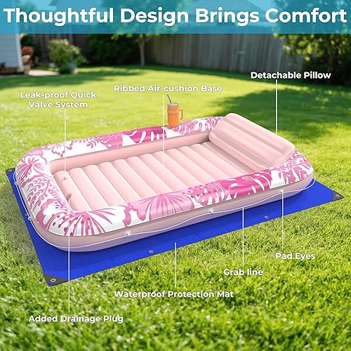 Miniatura 7 de Flotador inflable de bronceado para piscina con lona de protección, flotadores de piscina de 85 x 57 pulgadas para adultos con almohada, flotador de