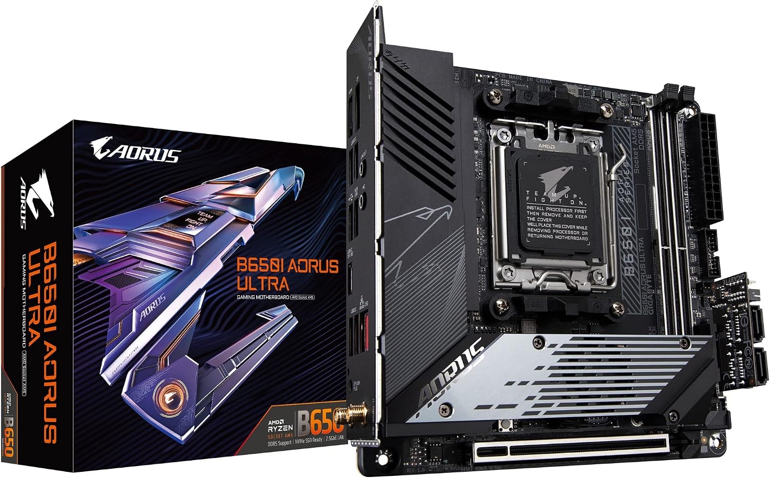 B650I AORUS Ultra AMD AM5 ITX Motherboard, Support Ryzen 9000/8000/7000 Series, DDR5, 8+2+1 Power Phase, PCIe 5.0 M.2, USB-C 3.2 Gen 2, WIFI6E, 2.5GbE, EZ-Latch, Q-Flash, RGB Fusion
