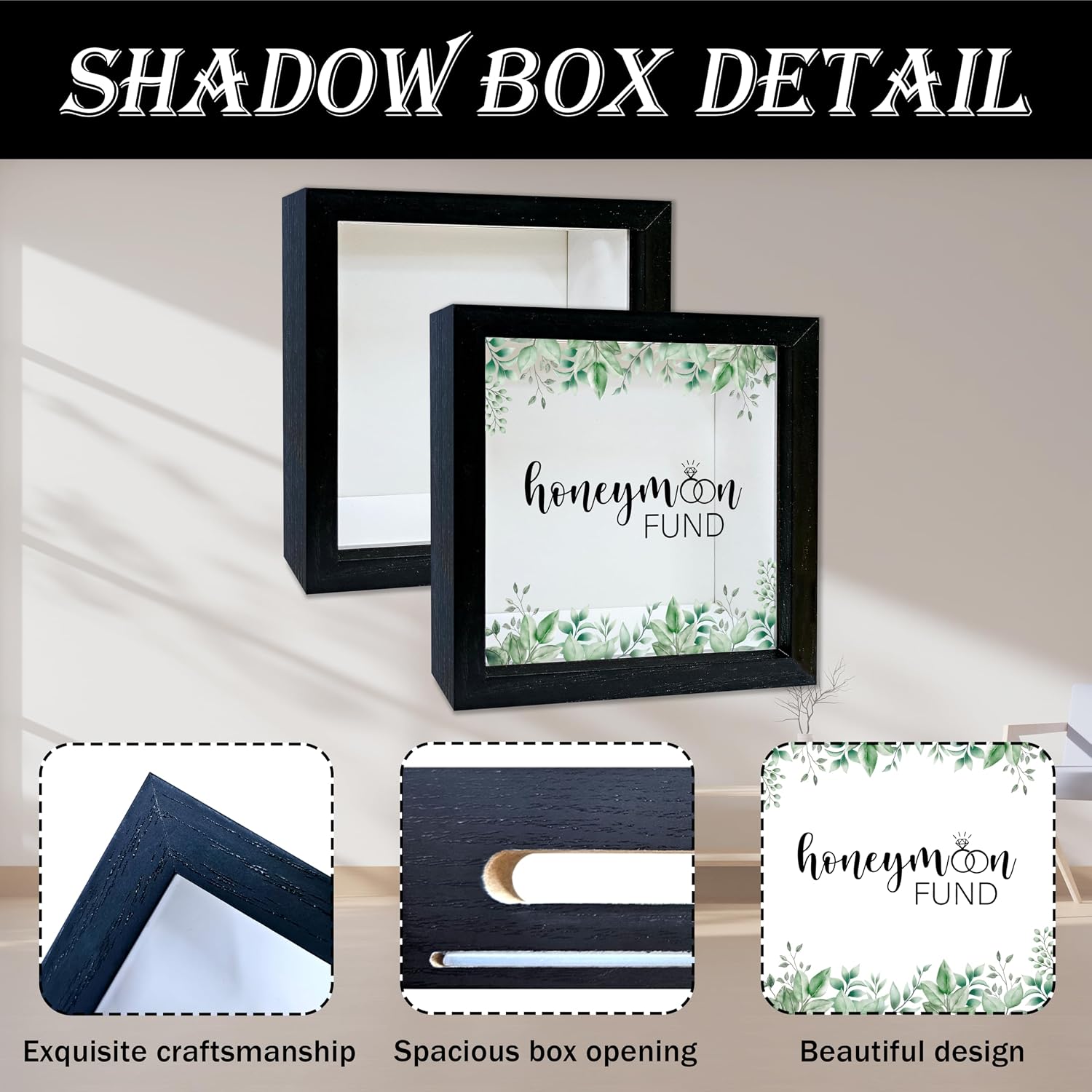 Honeymoon Fund Shadow Box Frame, Wedding Money Box with Slot, Greenery Travel Memory Box, Adventure Archive Box Gifts, Decorative Wooden Money Savings, Wedding Honeymoon Gifts for Newlyweds -13
