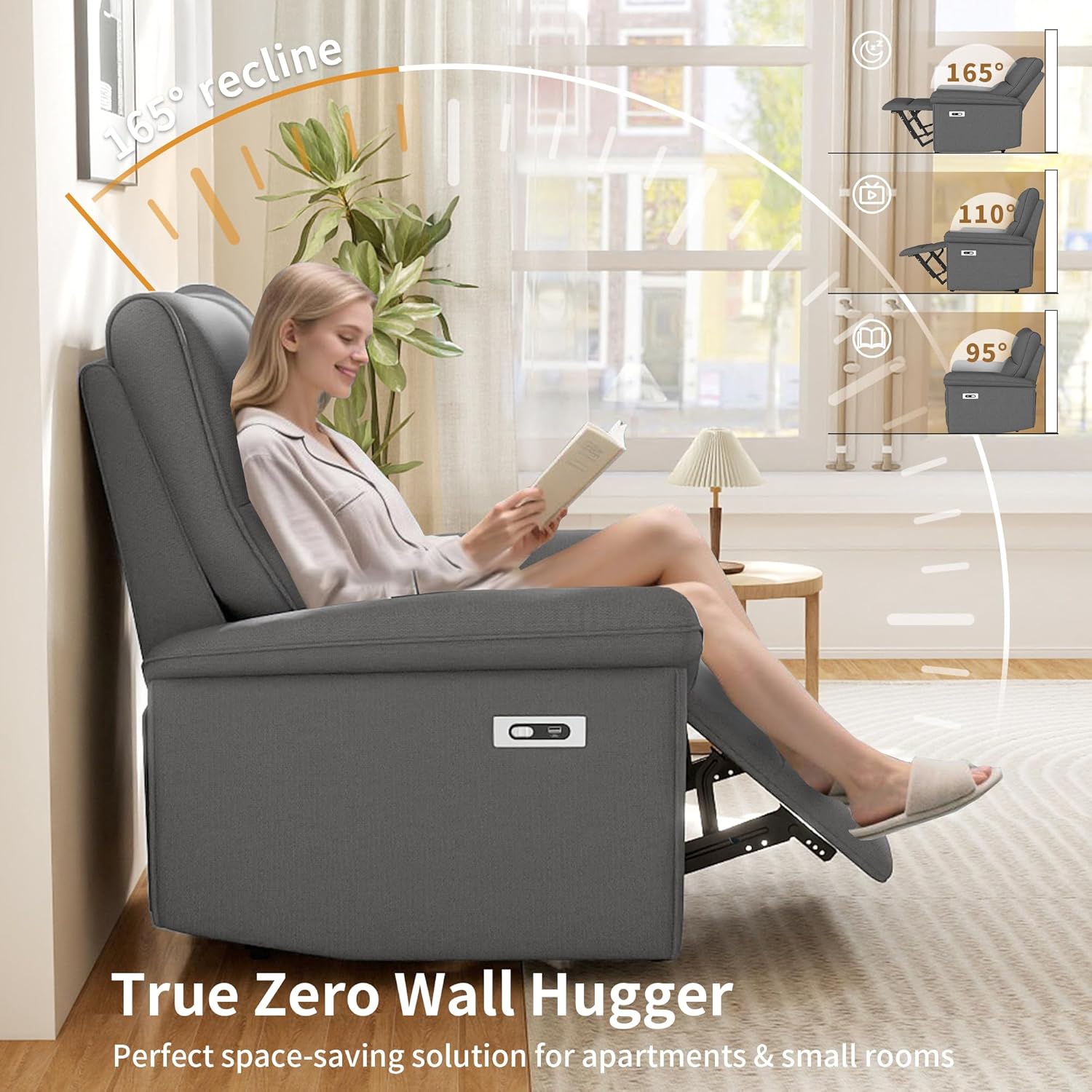 Wall Hugger Power Recliner Chair, Zero Wall Electric Recliner Chairs with USB Port, Snowflake Velvet Space Saving Large Recliner for Living Room, RV, Home Theater