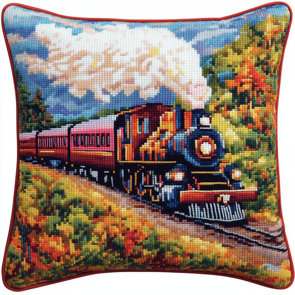 Ambattery B Stamped Cross-Stitch Kit, Moving Train Printed Canvas 45 × 45 Cm Cross Stitch Cushion Kits Needlework Kit For Eginners 11Ct Needlework Sets Embroidery Pillow