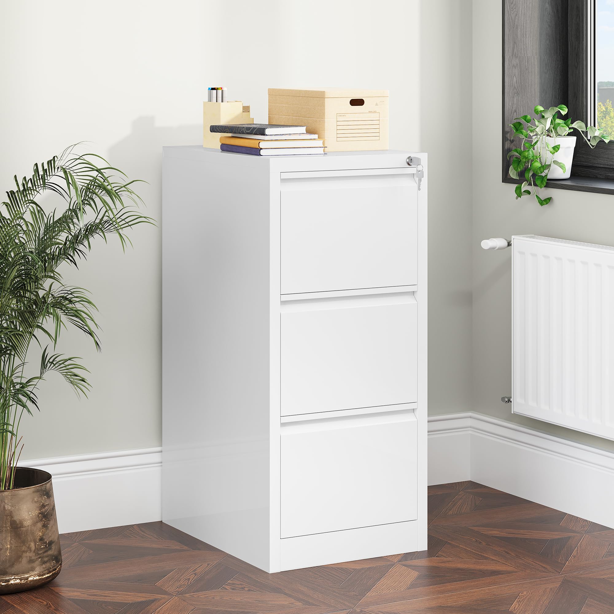 YITAHOME Aktenschrank mit 3 Abschließbaren Schubladen, Kippsicherer Rollender Aktenschrank mit Rädern für das Büro zu Hause, Unter-Pult-Aktenschränke, weiß, 62 x 45.8 x 102.5cm