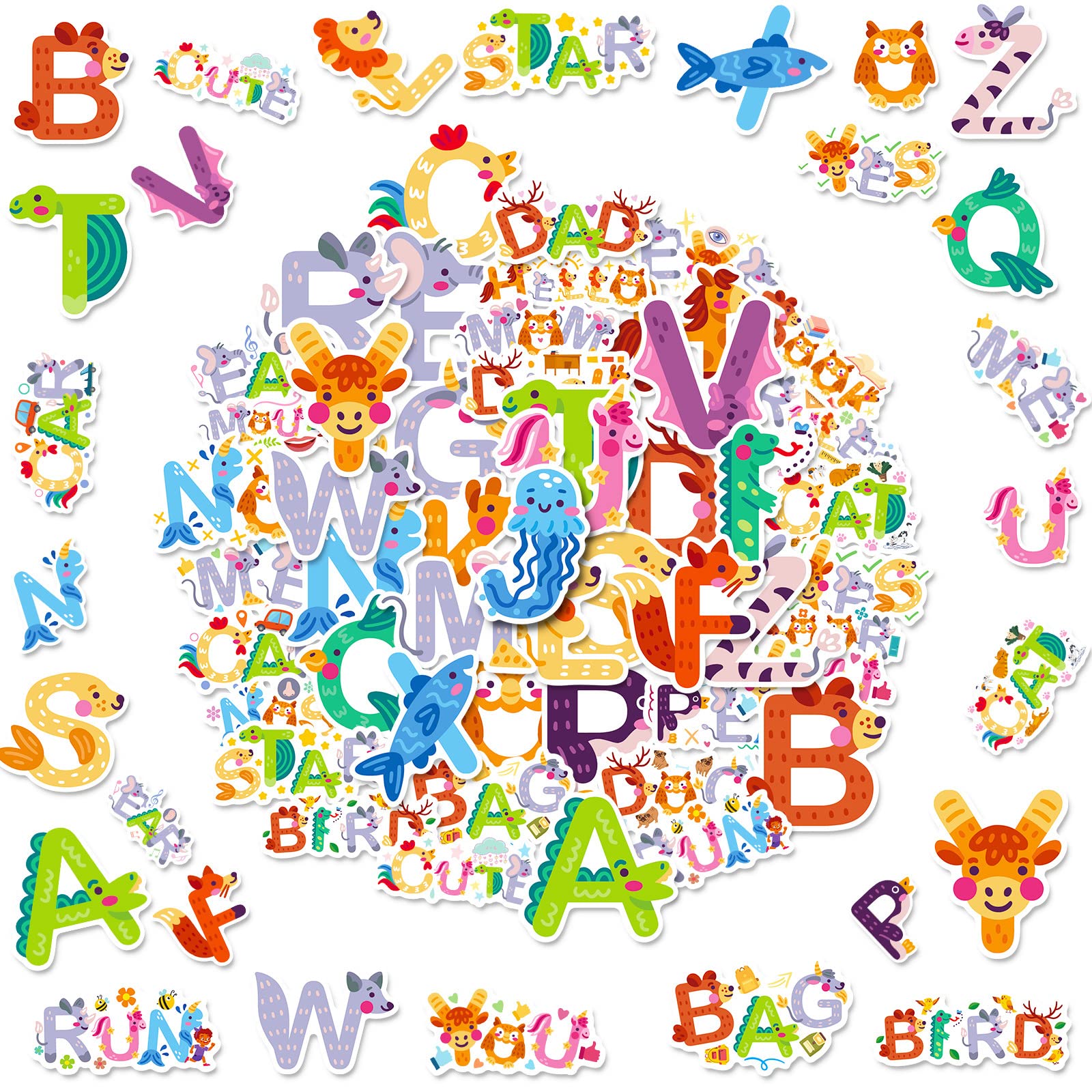 50 PCS Alphabet Stickers - Cute Animal ABC Decals For Water Bottles & Laptops