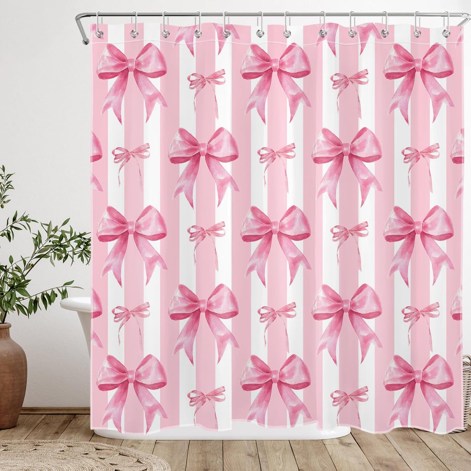Pink and White Striped Shower Curtain for Bathroom, Cute Pink Bow Girly Modern Aesthetic Shower Curtain Set Minimalist Bathroom Curtains Hooks Included, 72W x 78L inches