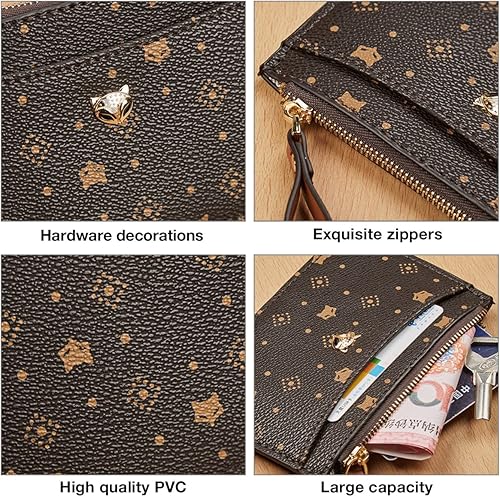 Miniatura 5 de Tarjetero pequeño de piel de PVC para mujer con bloqueo RFID bolsillo compacto con cremallera cartera con ventana de identificación Marrón Marrón-a