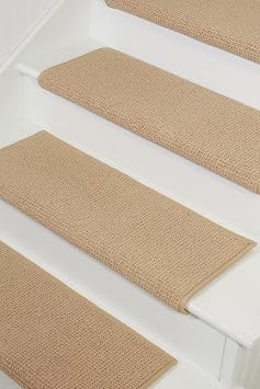 Oak Valley DesignsTM Rounded Bullnose Wool Carpet Stair Treads - Anti Slip Indoor Stair Mats for Wooden Stairs, Style Nantucket, Tan, 27" W X 9.75" D Set of 14