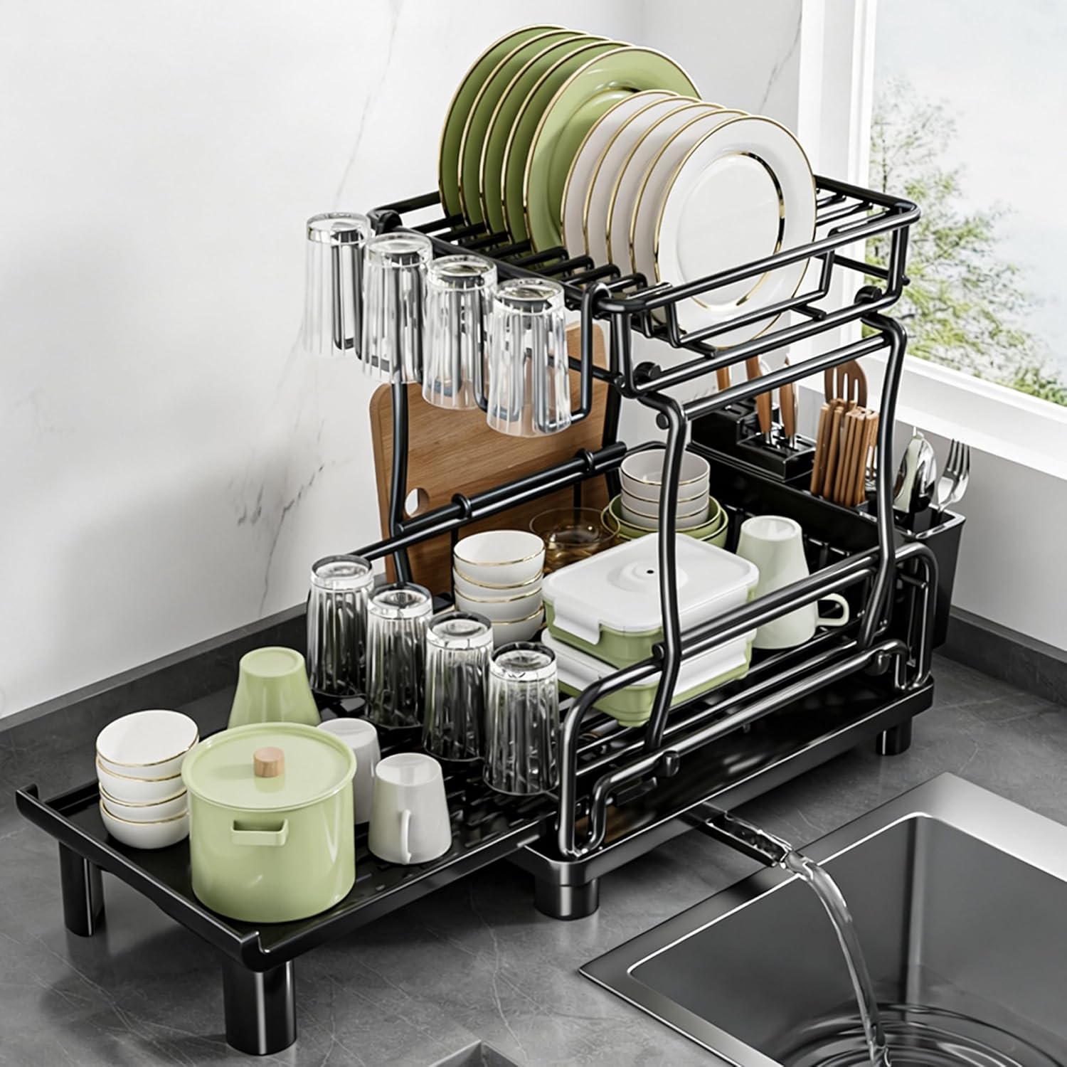 Large 2-Tier Expandable Dish Drying Rack, Heavy Duty Kitchen Countertop Dish Drainer Organizer with Utensil Holder, Extendable Space Saving Plate Storage Rack for Kitchen Sink Counter, Black