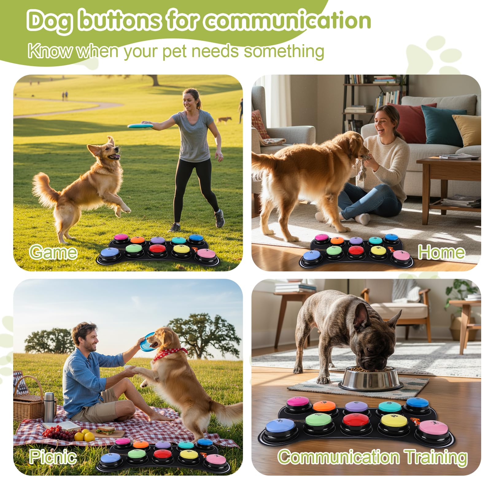 Boutons pour chiens pour la communication Kit de démarrage de 10 boutons pour chiens 30S Boutons d'entraînement enregistrables HD avec tapis antidérapant imperméable + 50 autocollants de scènes