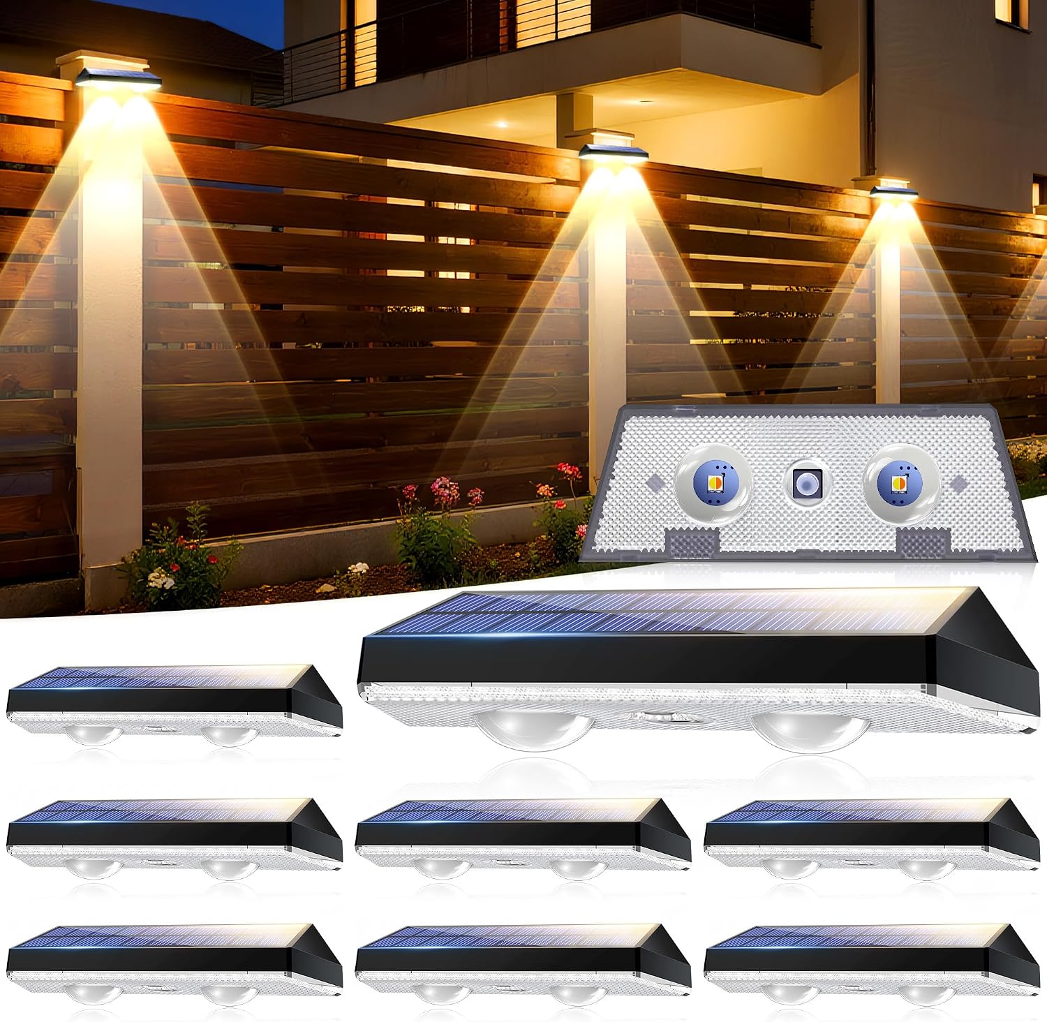 Solar Fence Lights Outdoor, 8 Pack Solar Wall Lights | 3 Lighting Modes, 500mAh Battery, lP65 Waterproof, for Garden, Yard, Balcony