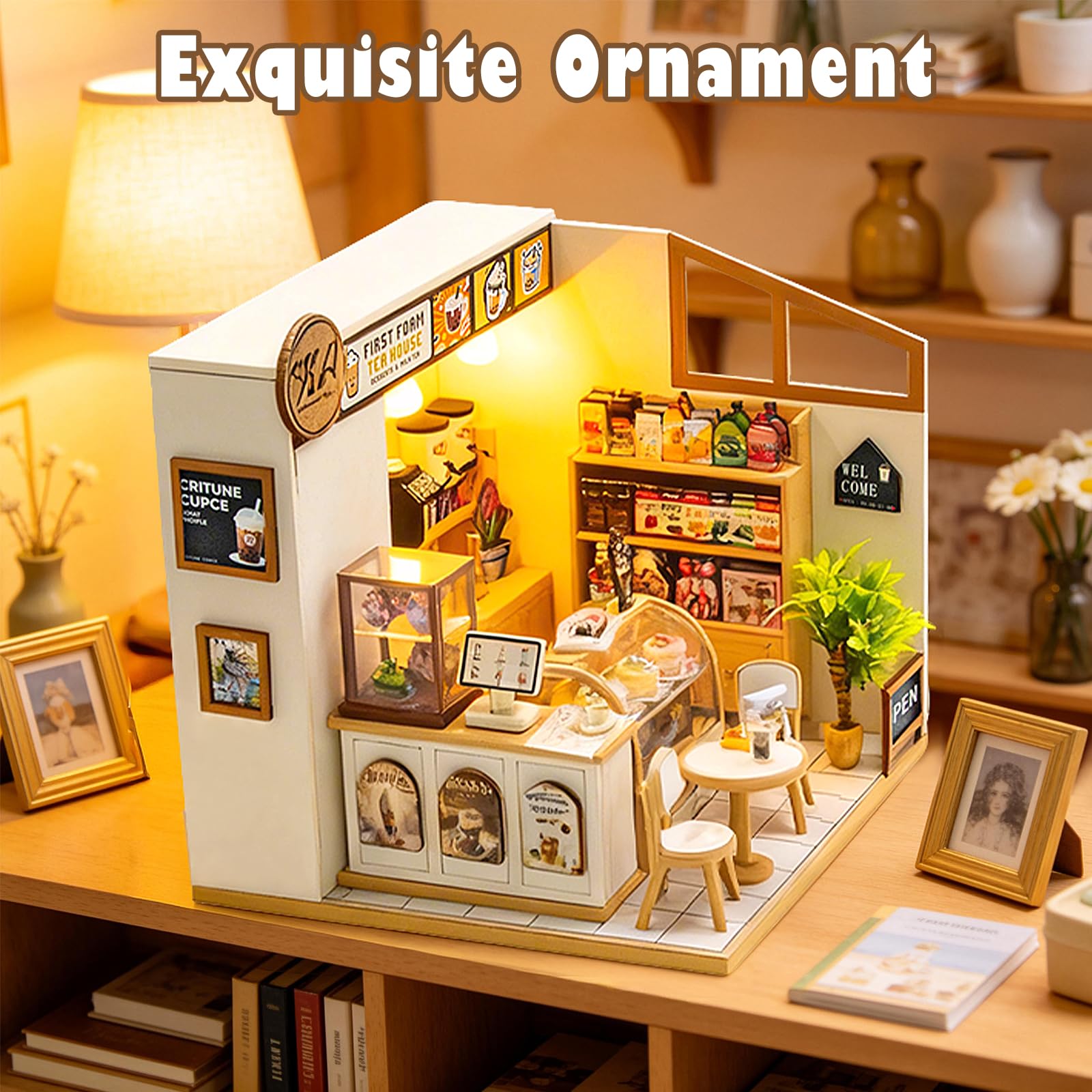 Cuteefun Kit de Maison de Poupée Miniature avec LED, Objet Décoratif & DIY Artisanal Créatif, Adapté aux Adultes et aux Adolescents, Cadeau de Noël, Halloween, d'anniversaire (Bubble Tea)