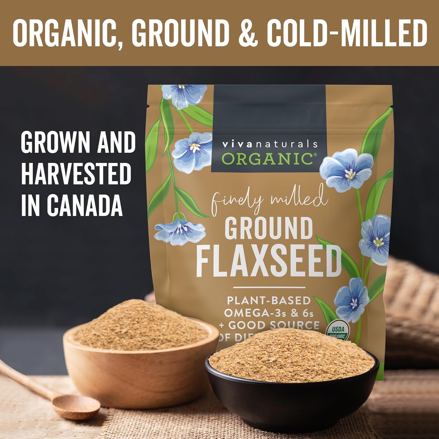 Viva Naturals Organic Ground Flaxseed,30 oz (850 g) – Plant-Based Protein,Vegan Omega-3 & Fiber,Finely Milled Flax Seeds,Perfect for Smoothies & Baking,(Pack of 2)