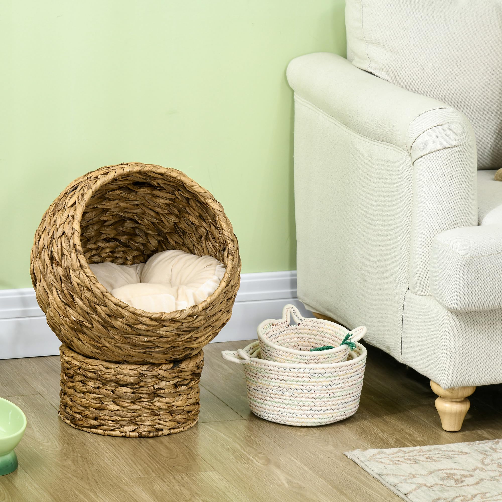 PawHut Panier Chat lit surélevé Chat Cosy Niche Grotte à Chat Grand Confort dim. 42L x 33l x 52H cm Coussin Moelleux Beige Inclus