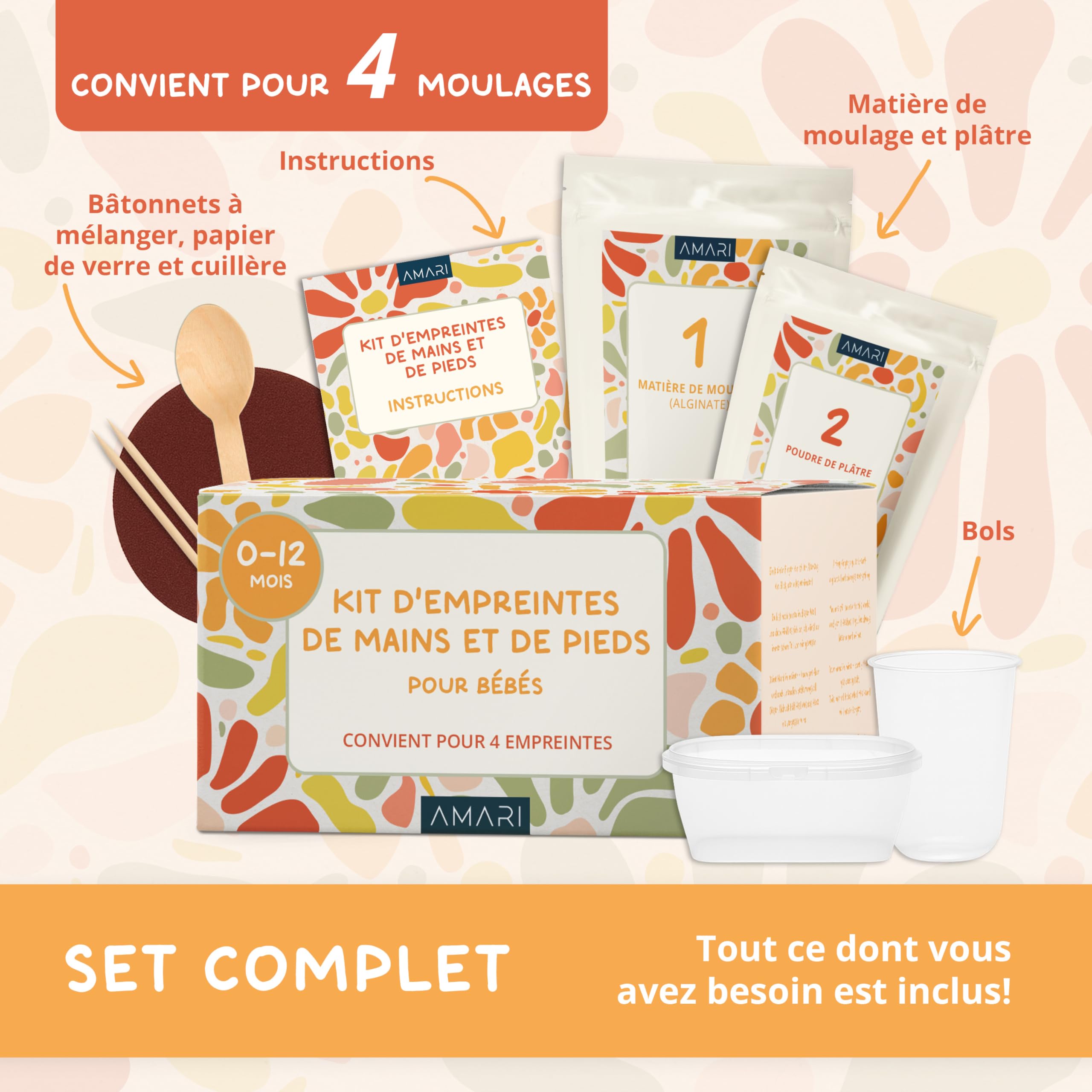 Kit d’Empreintes Bébé en Plâtre – Coffret Premium Souvenir – Cadeau de Naissance avec Plâtre et Guides