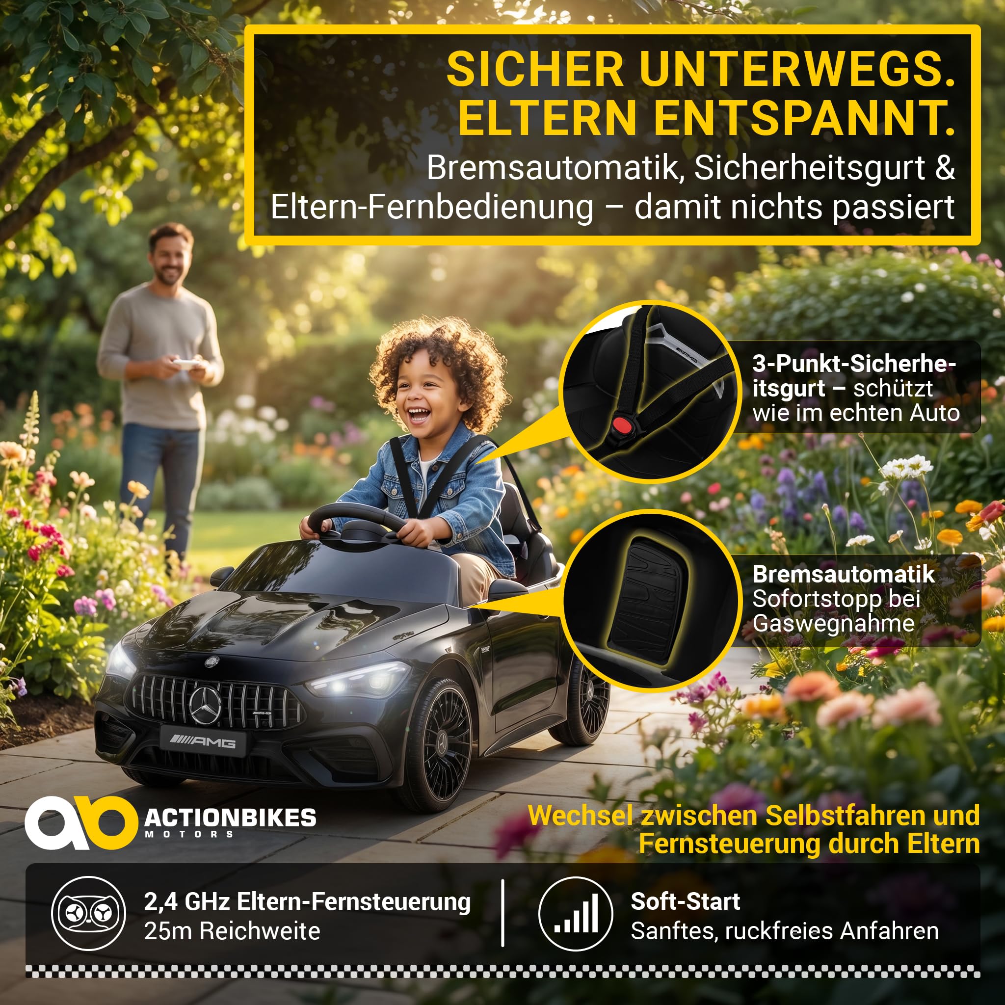 Actionbikes Motors Kinder Elektroauto Mercedes AMG CLE 53 | 2,4 Ghz Fernbedienung - Lizenziert - Spielzeugauto - Kinderauto elektrisch - Elektrofahrzeuge - Elektro Auto für Kinder ab 3 Jahre (Schwarz)