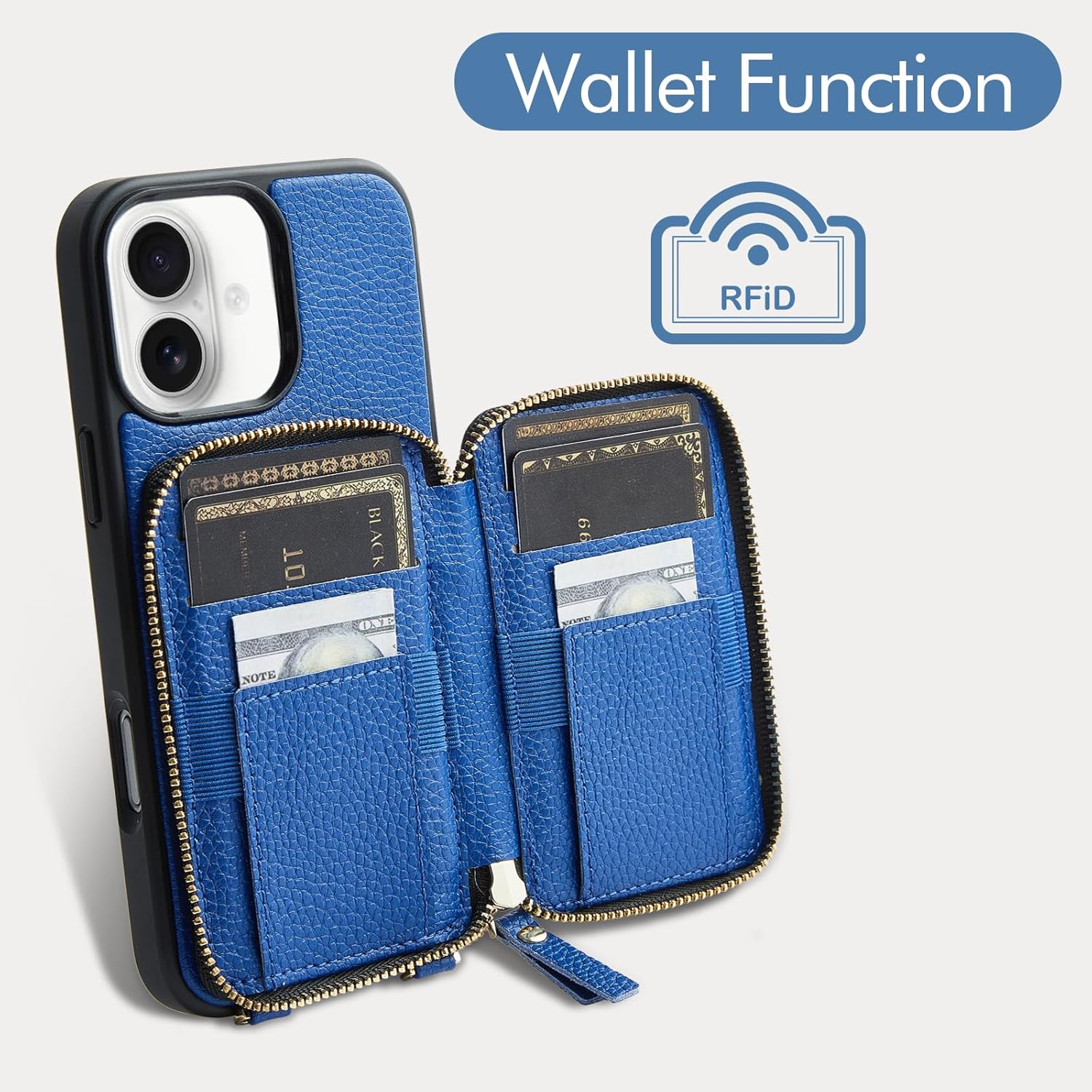 ZVE for iPhone 17 Wallet Case with Card Holder, Crossbody Zipper Leather Phone Cover with Wrist Strap 6.3" Navy Blue - Image 2