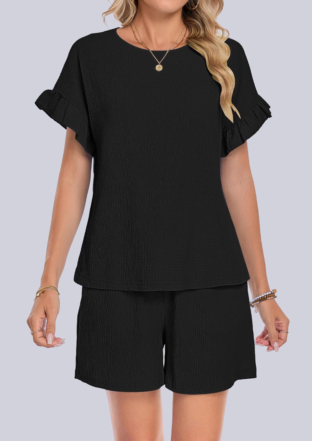MOLERANI 2 Piece Sets for Women Summer Casual Ruffle Short Sleeve Lounge Matching Shorts Sets 2026 Travel Vacation Outfits