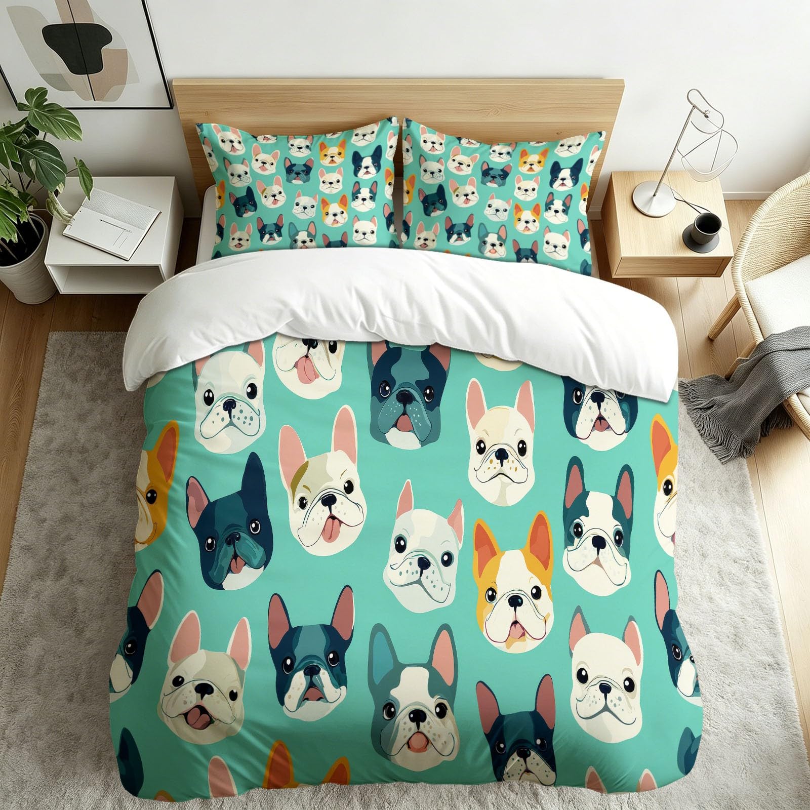 Bettwäsche Bulldogge Welpe Lustig Kinderzimmer Art 240x220 cm Erwachsene Bettbezüge 3 teilig mit Reißverschluss und 2 Kissenbezüge Doppelseitig Bettwaren Kuschelig Mikrofaser Bettwäsche-Set