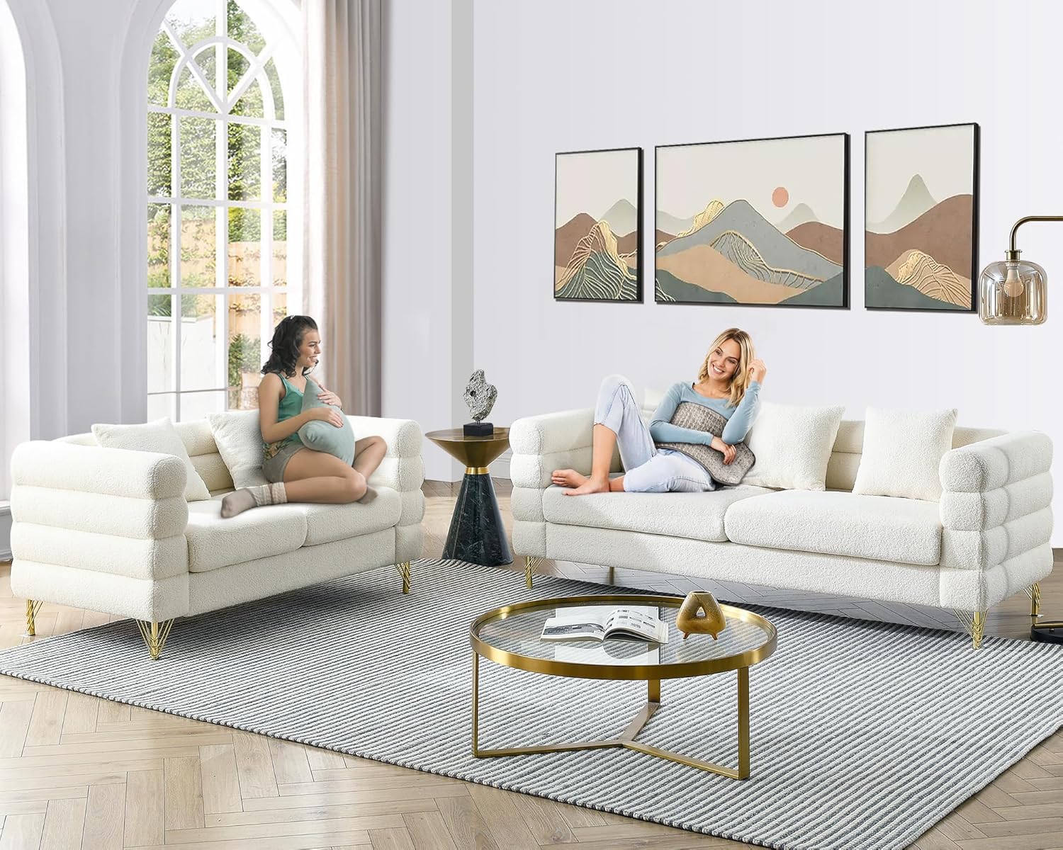 2 Pieces Cloud Sofa Set, Teddy Bouclé 3 Seater Couch and Loveseat Sets, Upholstered Modern Sofa with Gold Legs & Pillows, Comfy Deep Seat Couch for Living Room, Bedroom, Office, Apartment(White)