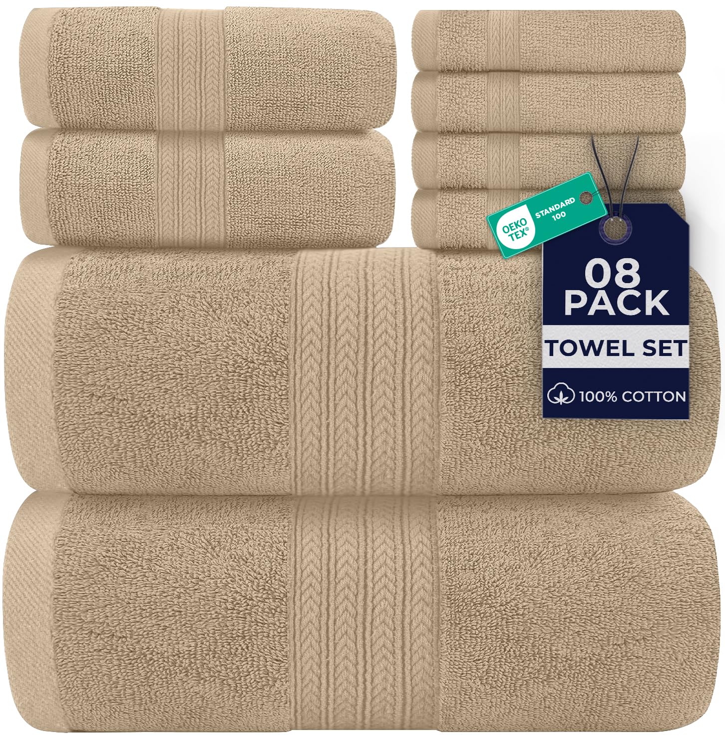 DAN RIVER 8 Piece Luxury Bath Towels for Bathroom, Towel Set, Tan