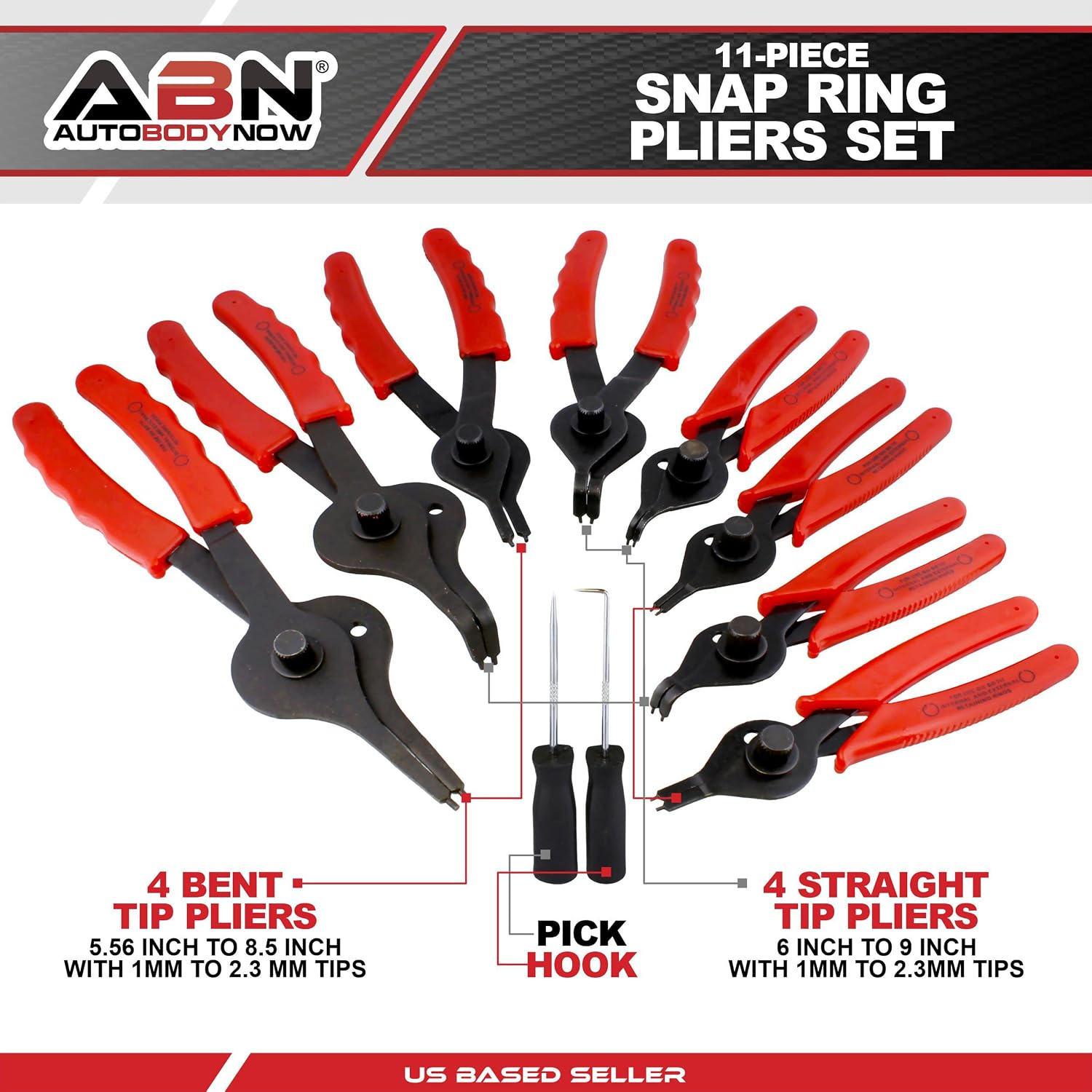 ABN Snap Ring Pliers Set, 11-Piece – .038in - .09in (1-2.3mm) Straight & Bent Retaining Ring Pliers w/Hook & Pick