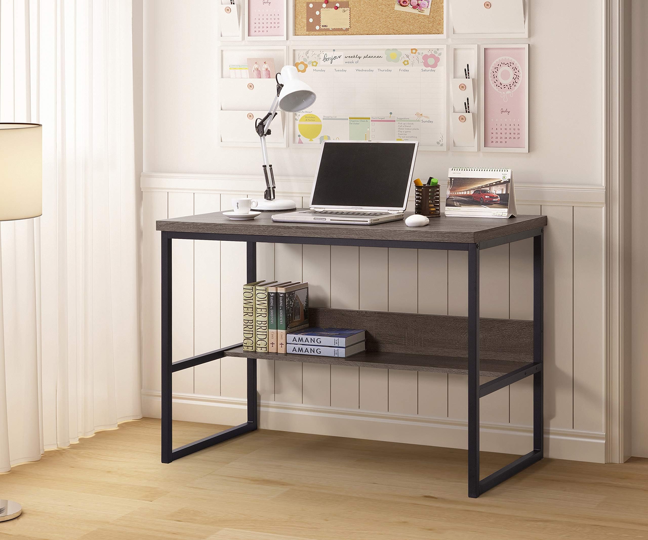EHP Weathered Grey Finish Large Computer Desk with Bookshelf, Office Desk, Writing Desk, Wood and Metal Frame, Study Table Workstation for Home Office Furniture, Industrial Style