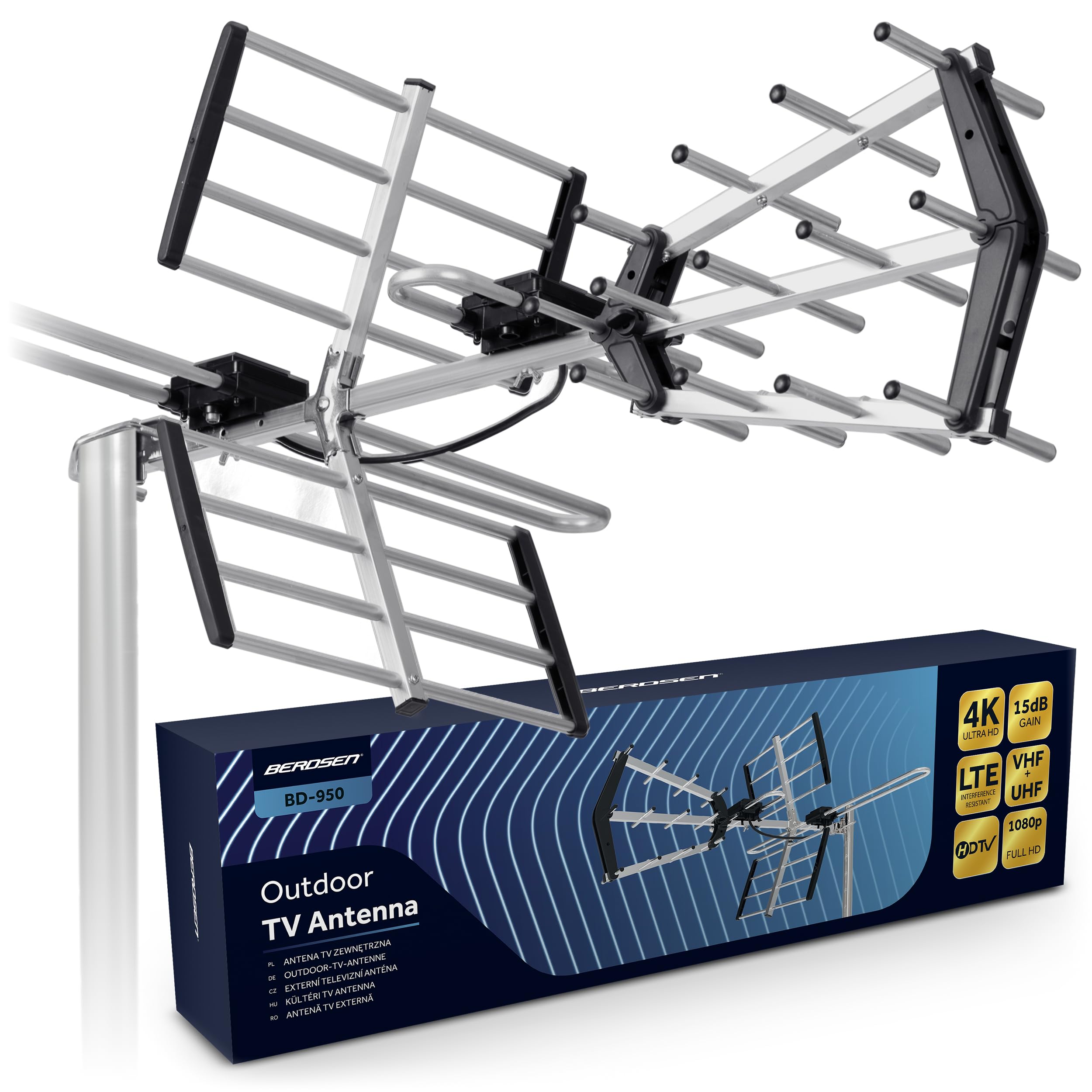 Berdsen Antena DVBT2 con Amplificador Interno de 12 dB - Alcance de hasta 80 km - Antena Exterior para Exteriores - Filtro LTE - Full HD Ultra HD 4K