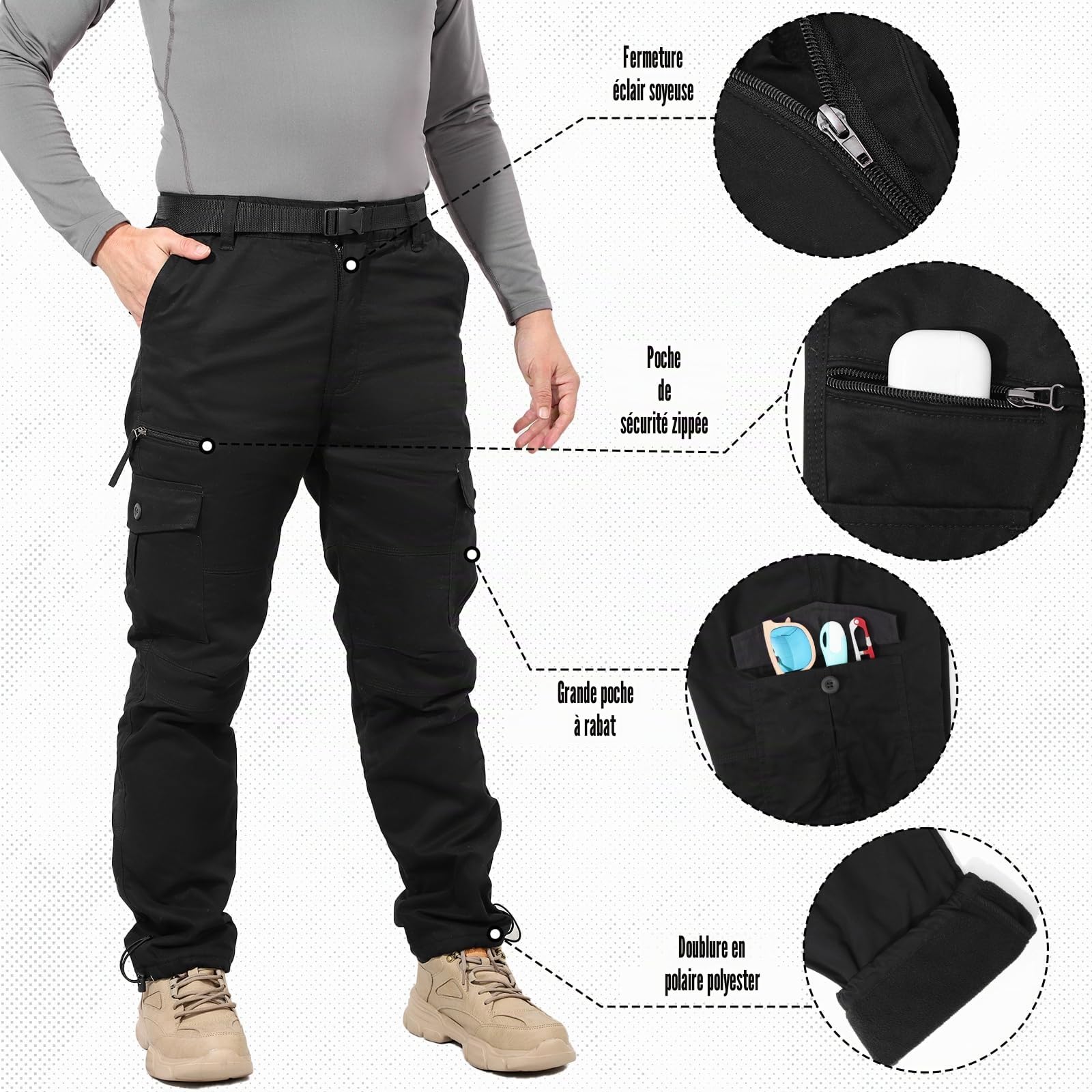 Pantalon Thermique Cargo Doublé de Polaire pour Hommes, Ceinture élastique Complète avec Passants de Ceinture Pantalon de Travail pour la Randonnée Camping en Plein air Hiver