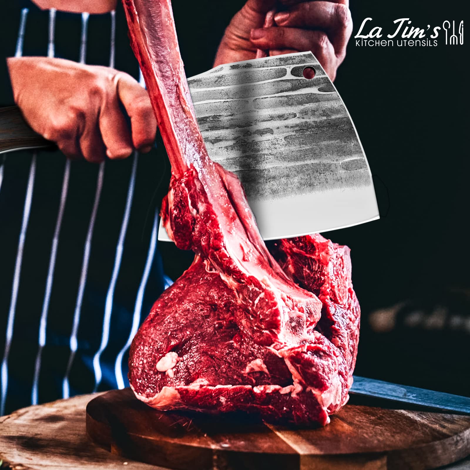 Couperet, couperet lourd de 0,85 kg, couperet à viande en acier au carbone forgé à la main, couteau de boucher pour hacher les os, manche en bois massif