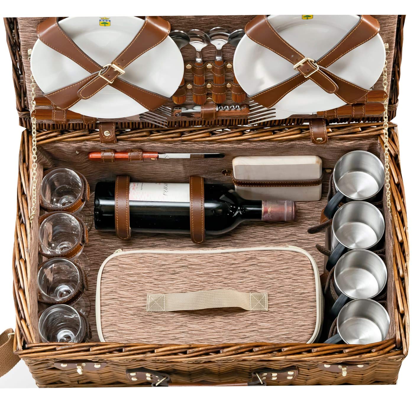Les Jardins de la Comtesse - Cestino da Picnic Palais Royal - Vimini Natural - Completo/4 Pers - Scomparto Isotermico - Piatti in Ceramica/Calici in Vetro - Tessuto Marrone - 56 x 37 x 26 cm