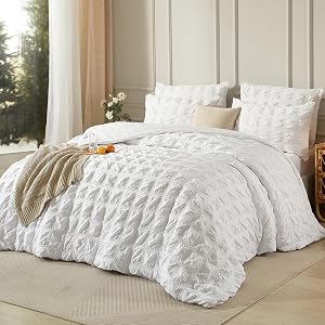 White Duvet Cover Full Set Soft Fluffy Plaid Seersucker Bedding | 3 Pcs Lightweight Cooling Microfiber Comforter Cover with Checkered Wrinkle Texture, Boho Shabby Chic Design, All Seasons