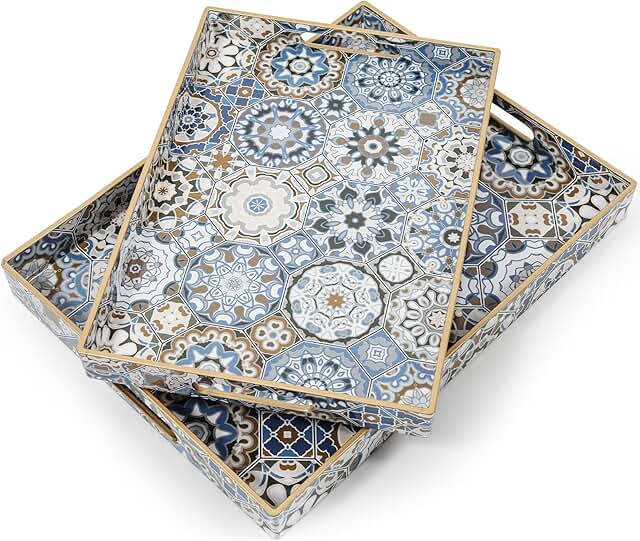 2 Pcs Serving Tray with Handles Bohemian Decorative Tray Large Ottoman T...