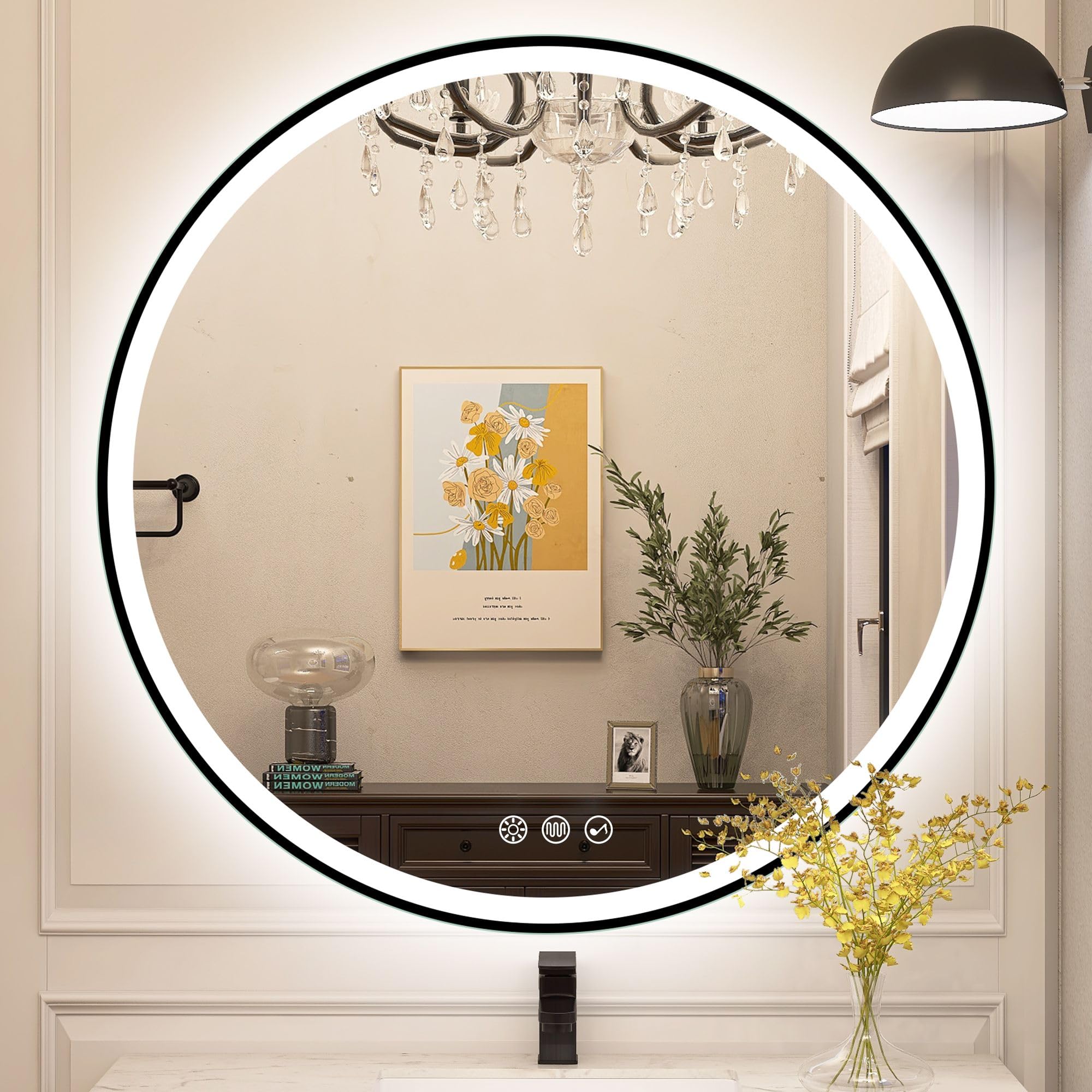 STARLEAD Specchio-Rotondo-Bagno-con-Luce 80cm Diametro, Specchio-Bagno-LED con Dimmerabile, 3 Temperature Colore, Disappannamento, Bluetooth, Memoria Luce, Vetro Temperato Specchiera-Bagno IP44, Nero