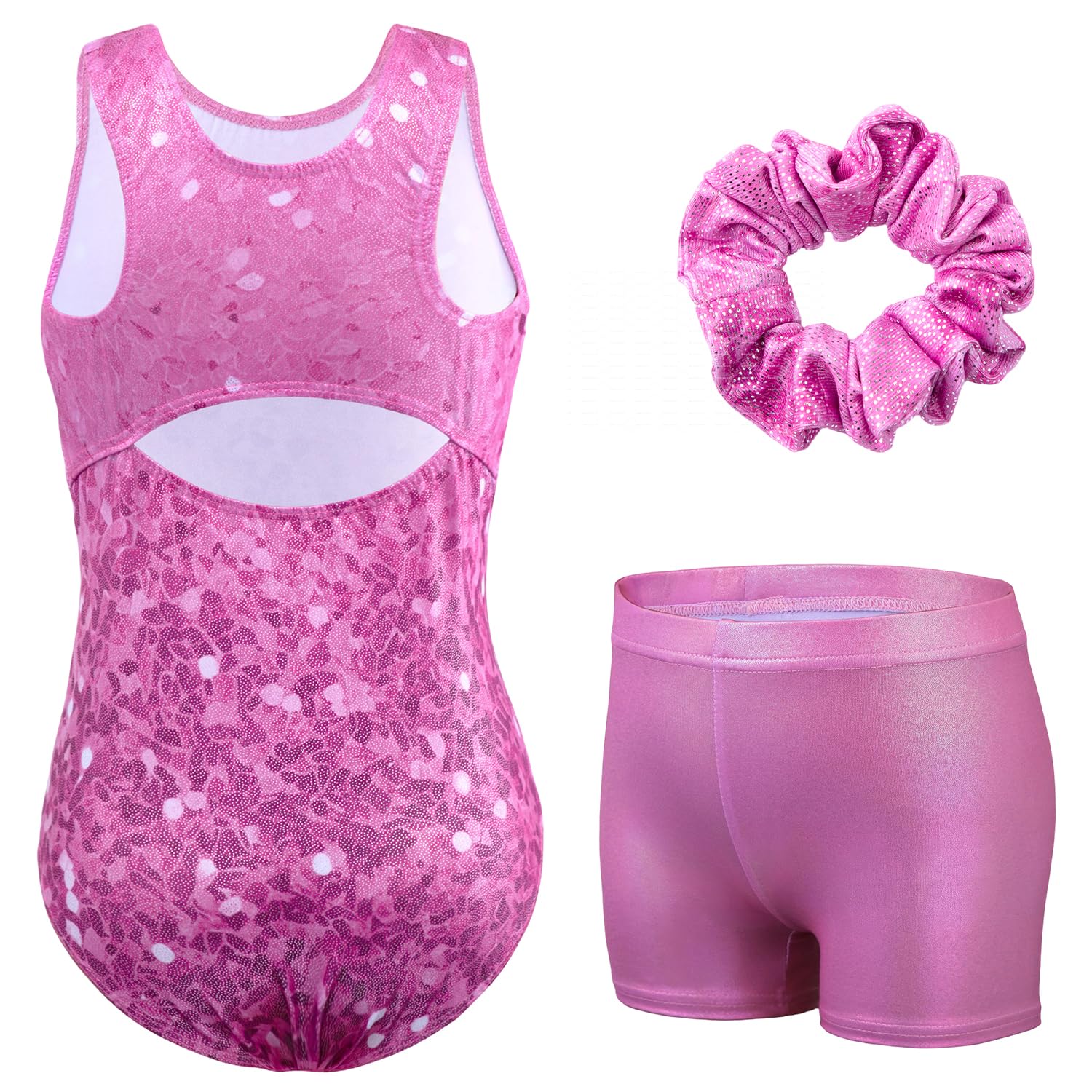 – Girls 3 Piece Gymnastics Leotards Set with Shorts and Hairband Sleeveless Sparkly Dance Gymnastics Athletic Outfits for Ballet 3-12 Years Girls