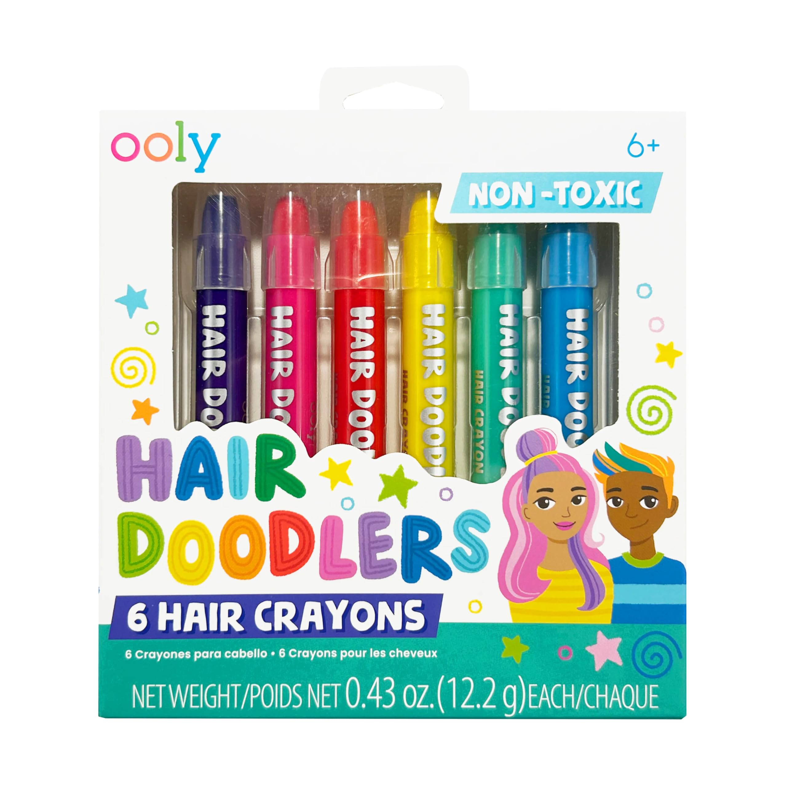 OOLY Temporary Hair Doodlers Hair Crayons, Cosmetically Tested, Set of 6