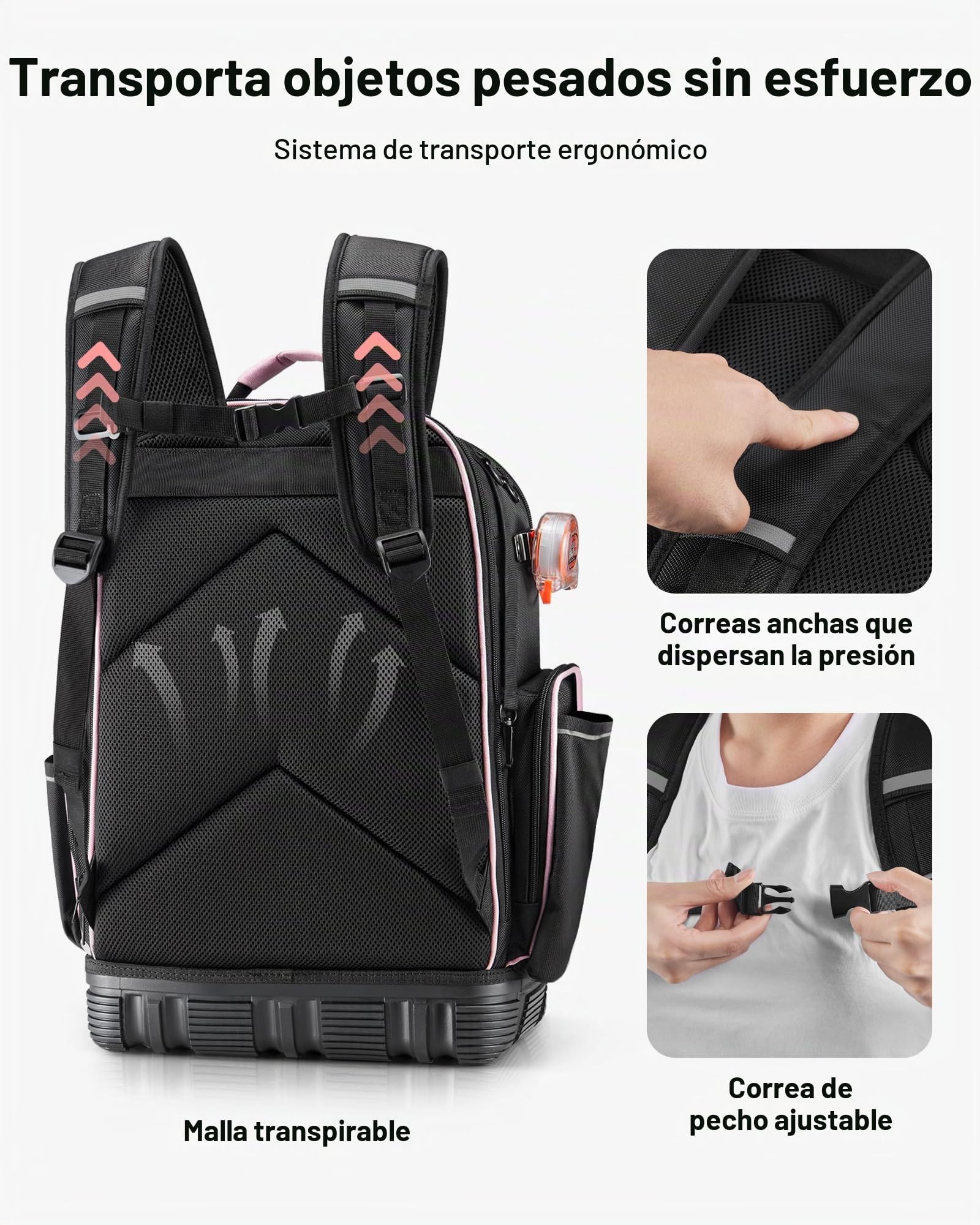 VEVOR Mochila para Herramientas, Mochila de Trabajo 330 x 200 x 490 mm con 56 Bolsillos, Compartimento para Portátil y Base Moldeada, Organizador de Herramientas para Electricistas, Reparadores