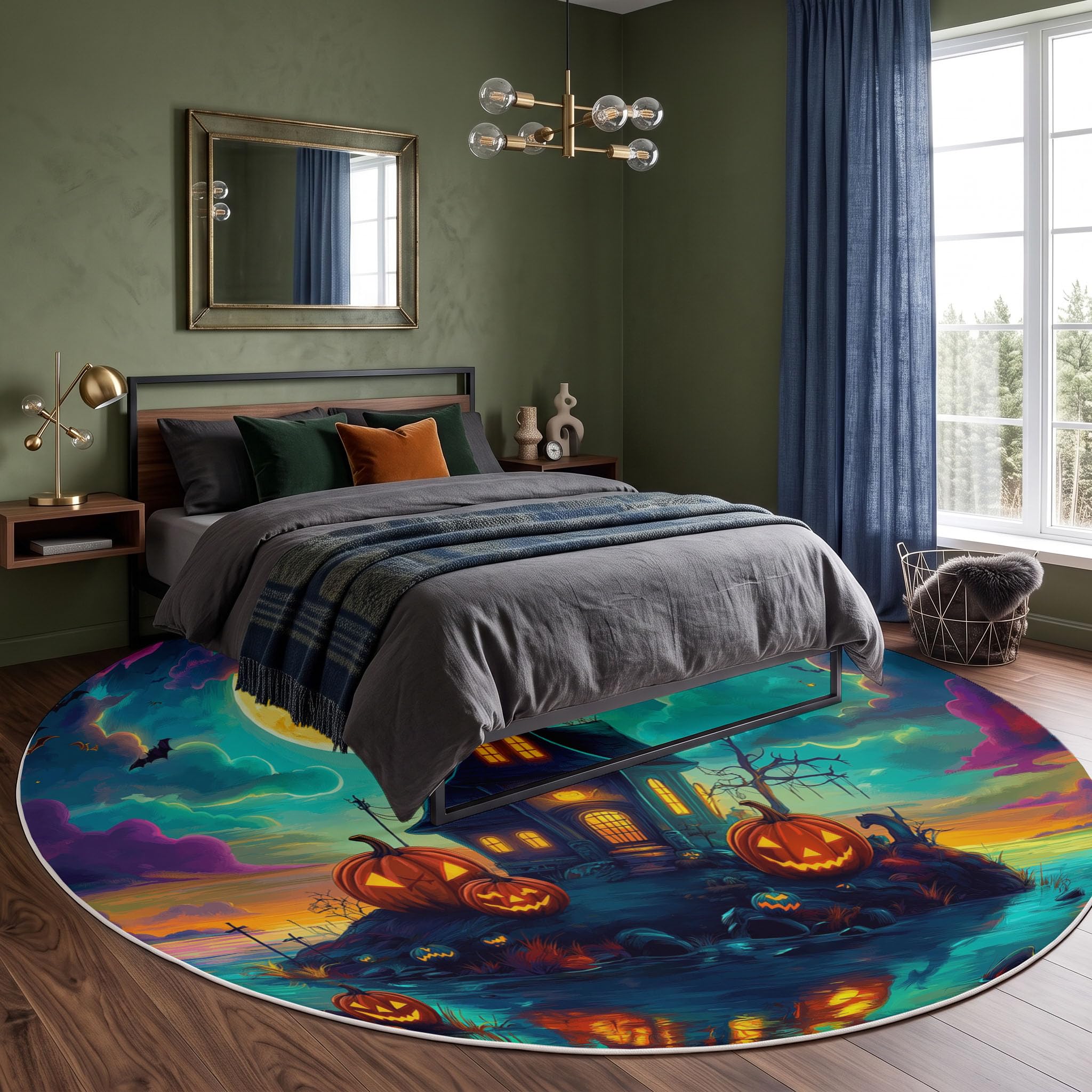 Tappeto Rotondo Castello Zucca Isola 180cm Ciano Tappeti | Lavabile in Lavatrice, Antiscivolo, Pelo Corto Tappeto Rotondo Halloween Fantastico per Camera Da Letto, Soggiorno