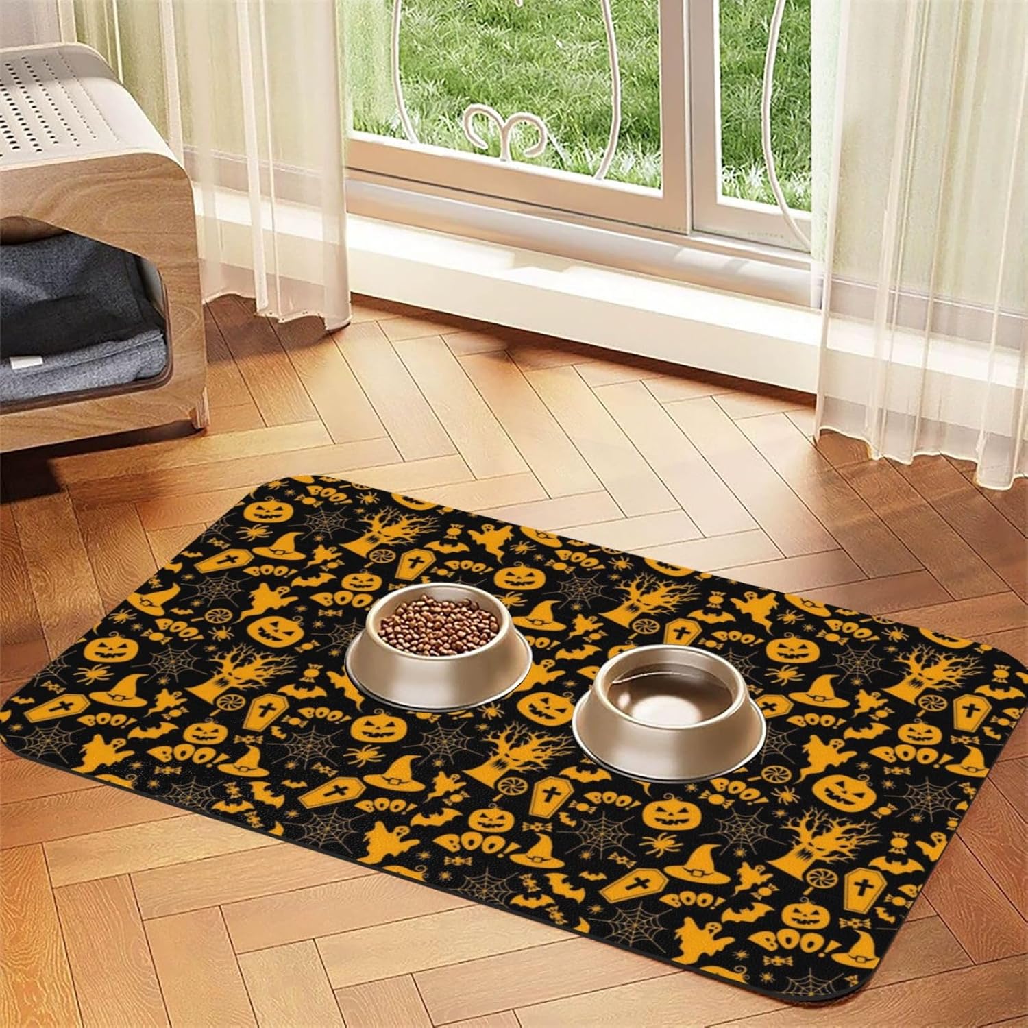 Halloween Theme Dog Food Mat, Leather Pet Feeding Mat, Cat Mat for Food, Absorbent Pet Placemat for Indoor Outdoor Water Bowl 40x60cm